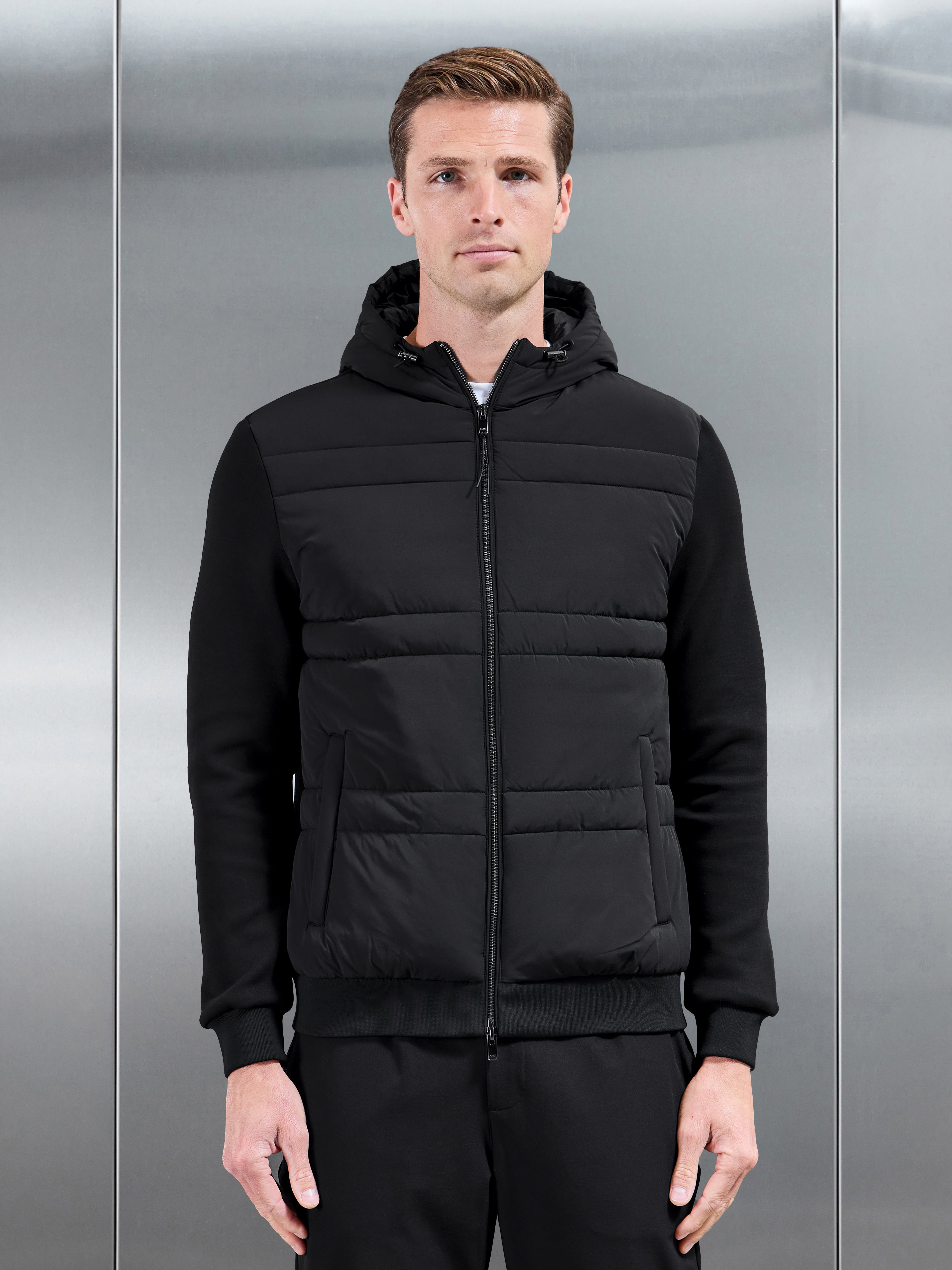 Hybrid Panel Puffer Windbreaker in Black