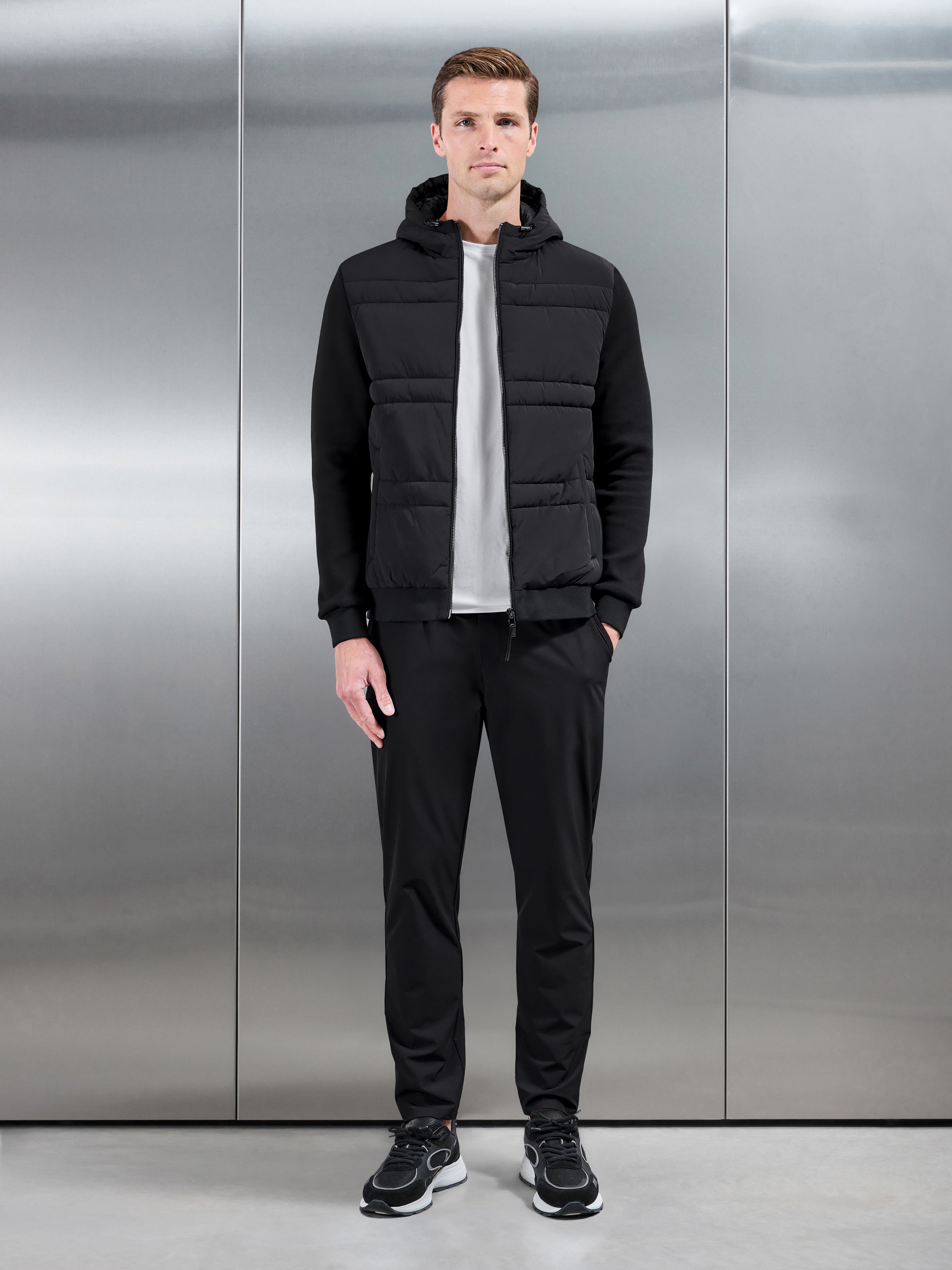 Hybrid Panel Puffer Windbreaker in Black
