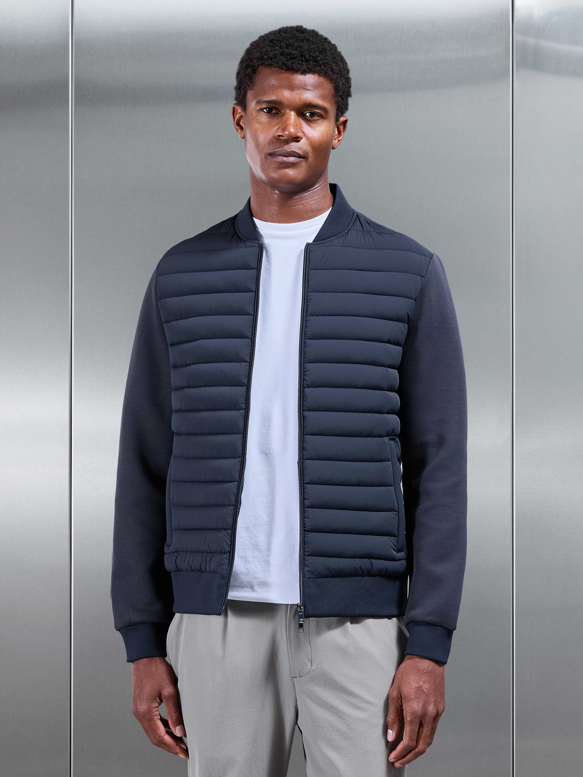 Hybrid Quilted Bomber Jacket in Navy