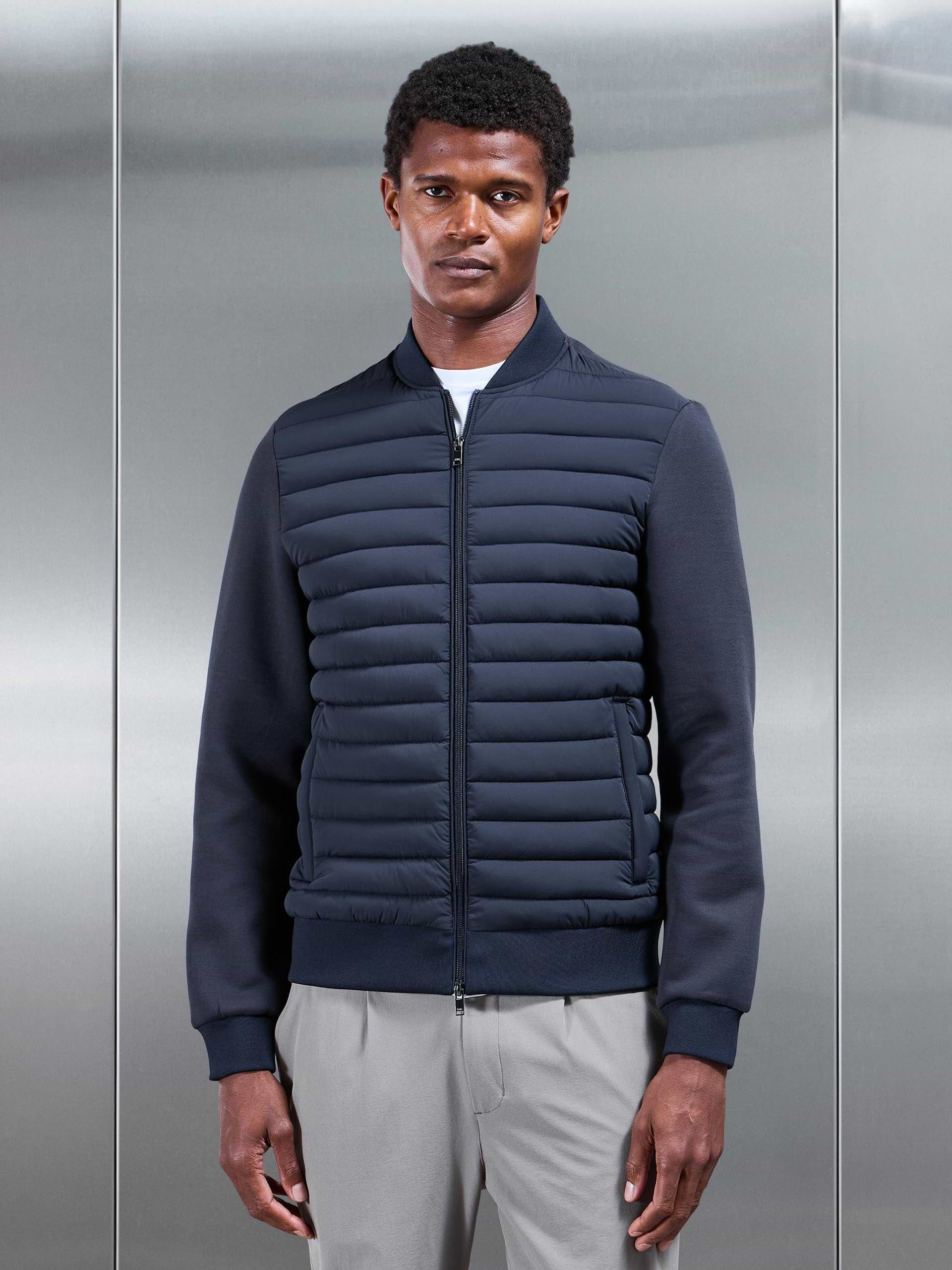 Hybrid Quilted Bomber Jacket in Navy