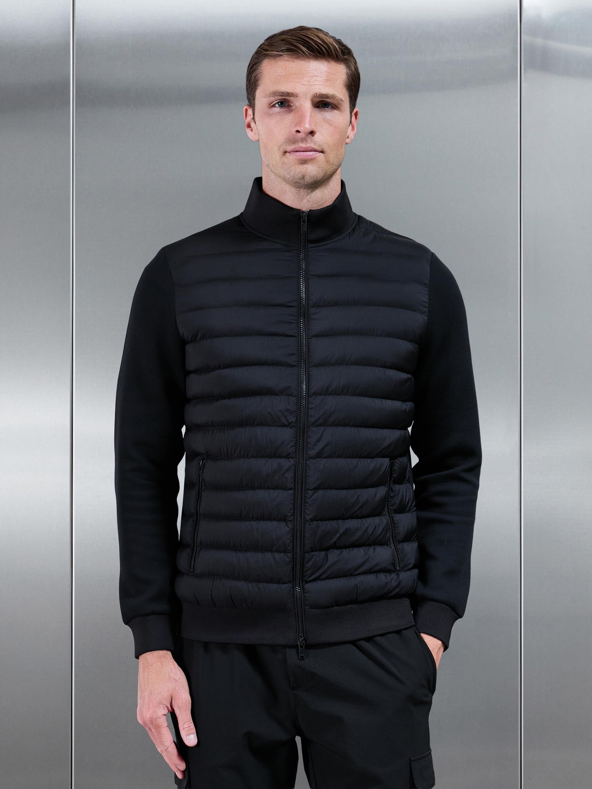 Hybrid Quilted Technical Funnel Neck Jacket in Black