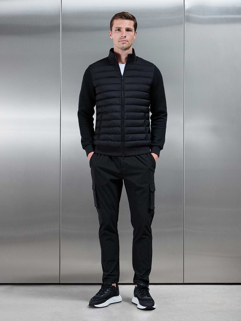 Hybrid Quilted Technical Funnel Neck Jacket in Black