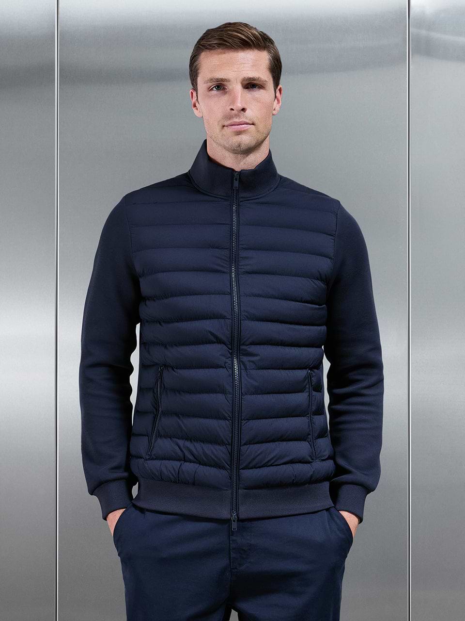 Hybrid Quilted Technical Funnel Neck Jacket in Navy