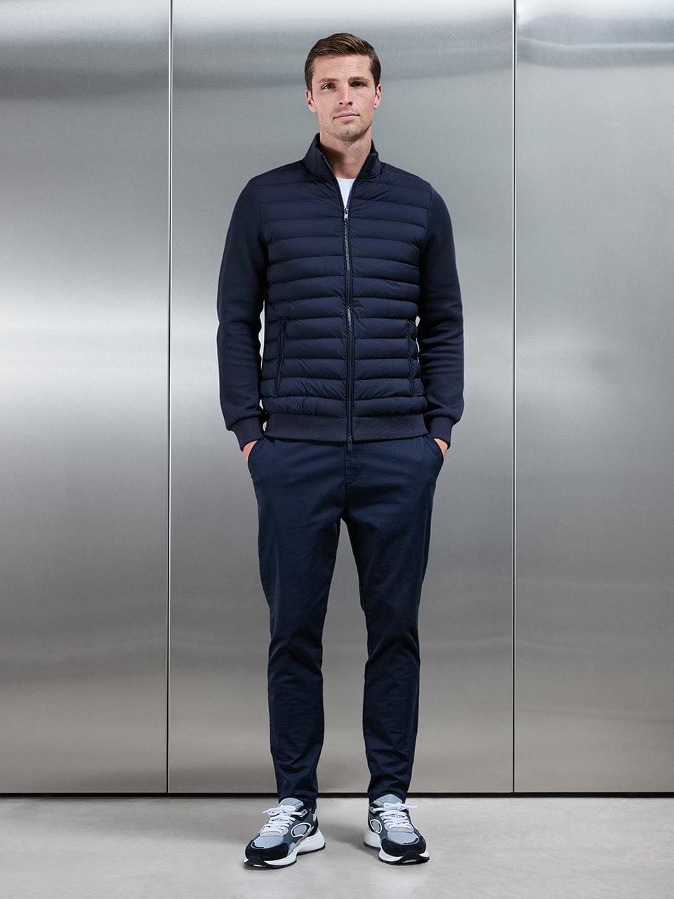Hybrid Quilted Technical Funnel Neck Jacket in Navy