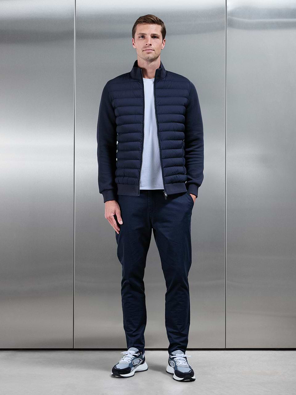 Hybrid Quilted Technical Funnel Neck Jacket in Navy