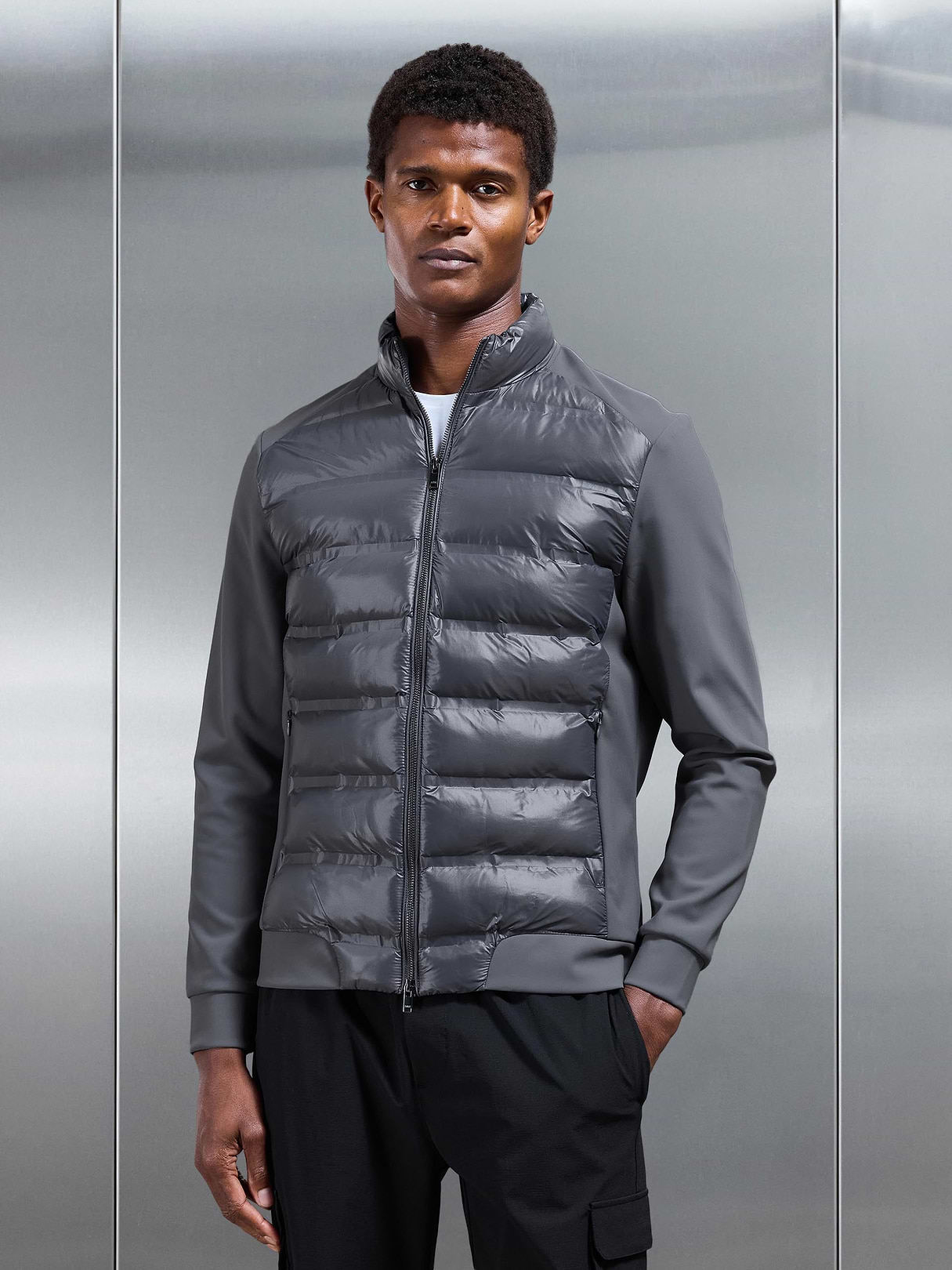 Hybrid Zip Through Puffer Jacket in Grey | ARNE UK