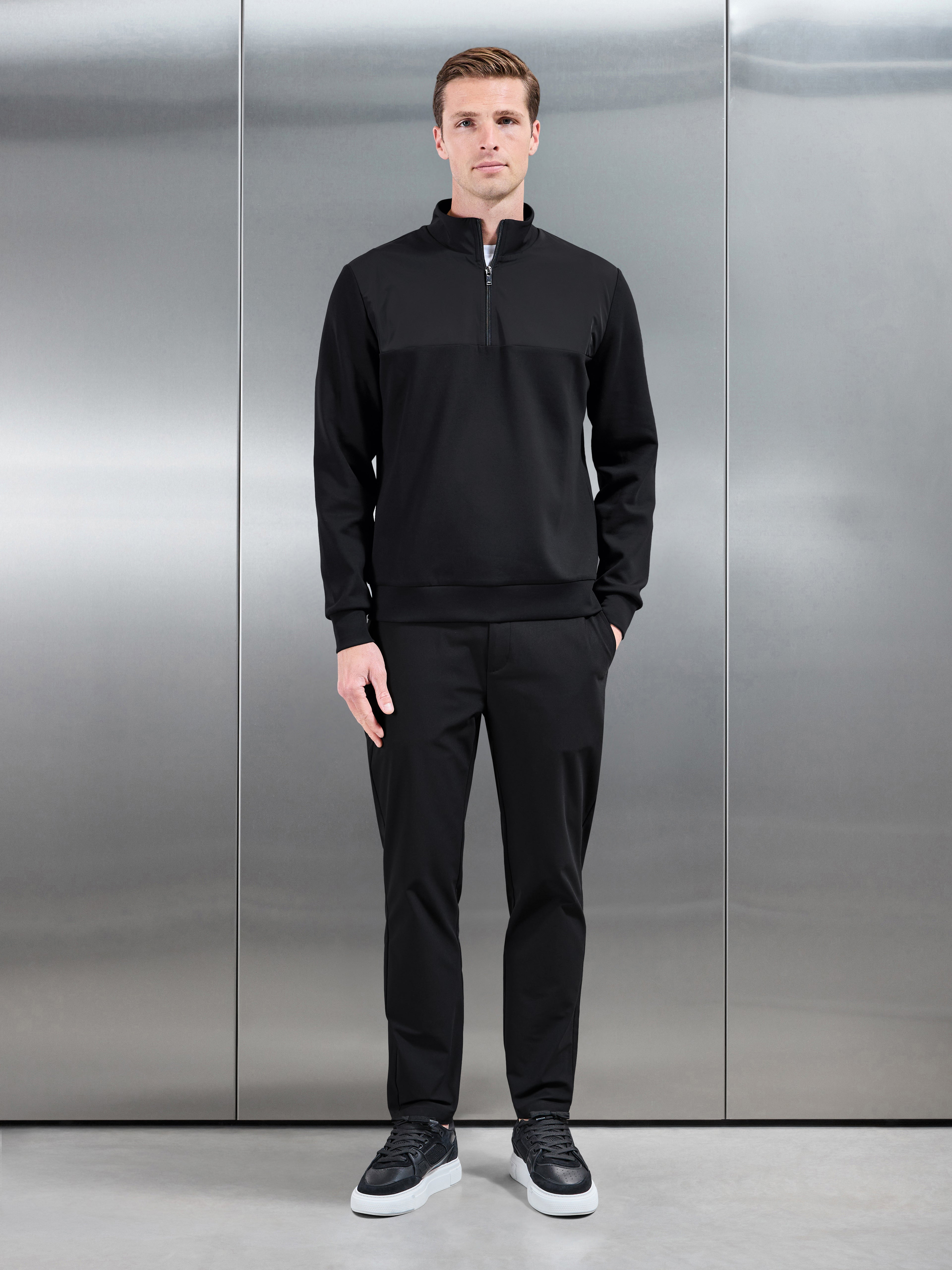 Interlock Jersey Hybrid Half Zip Jumper in Black