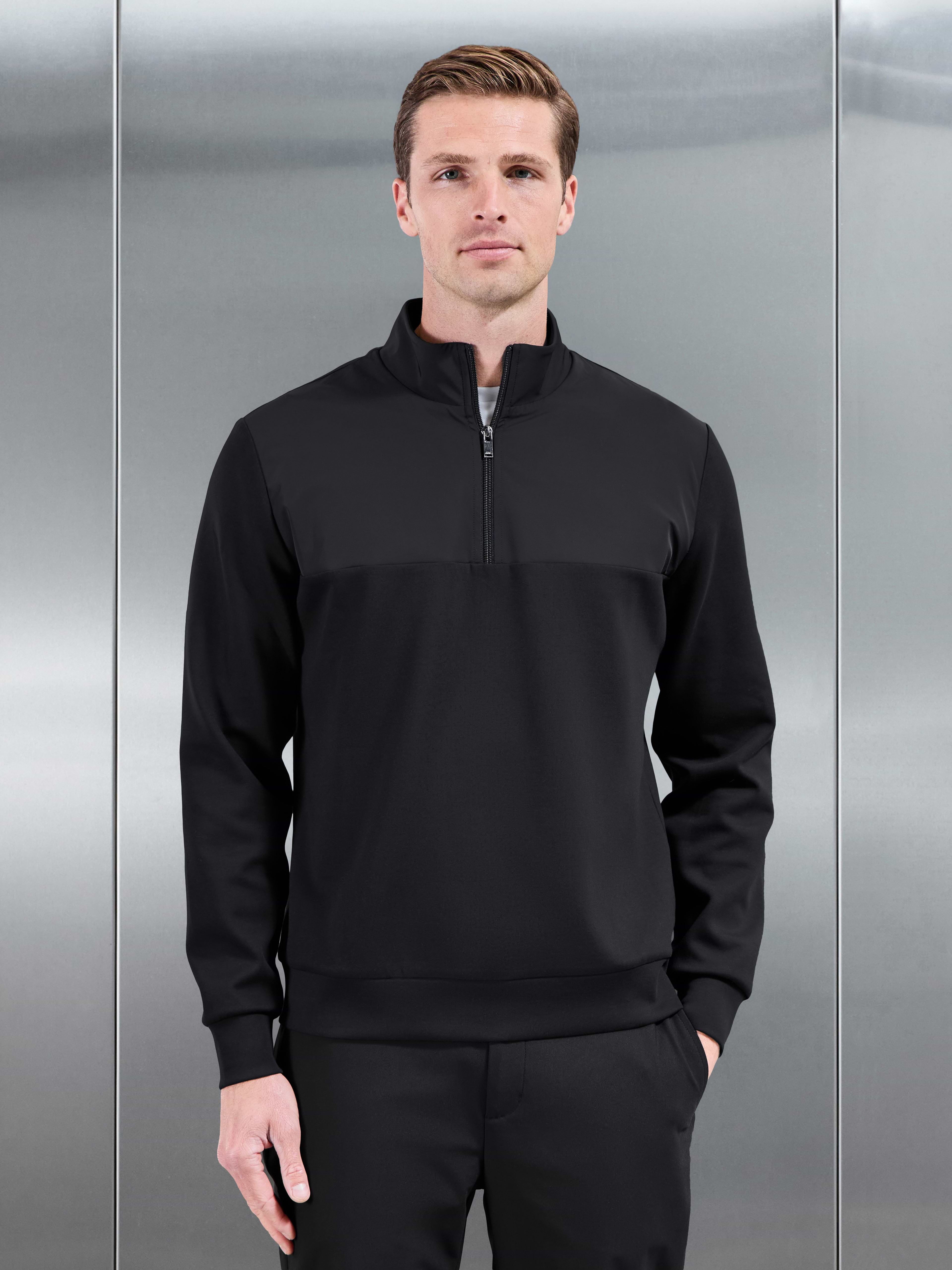 Interlock Jersey Hybrid Half Zip Jumper in Black