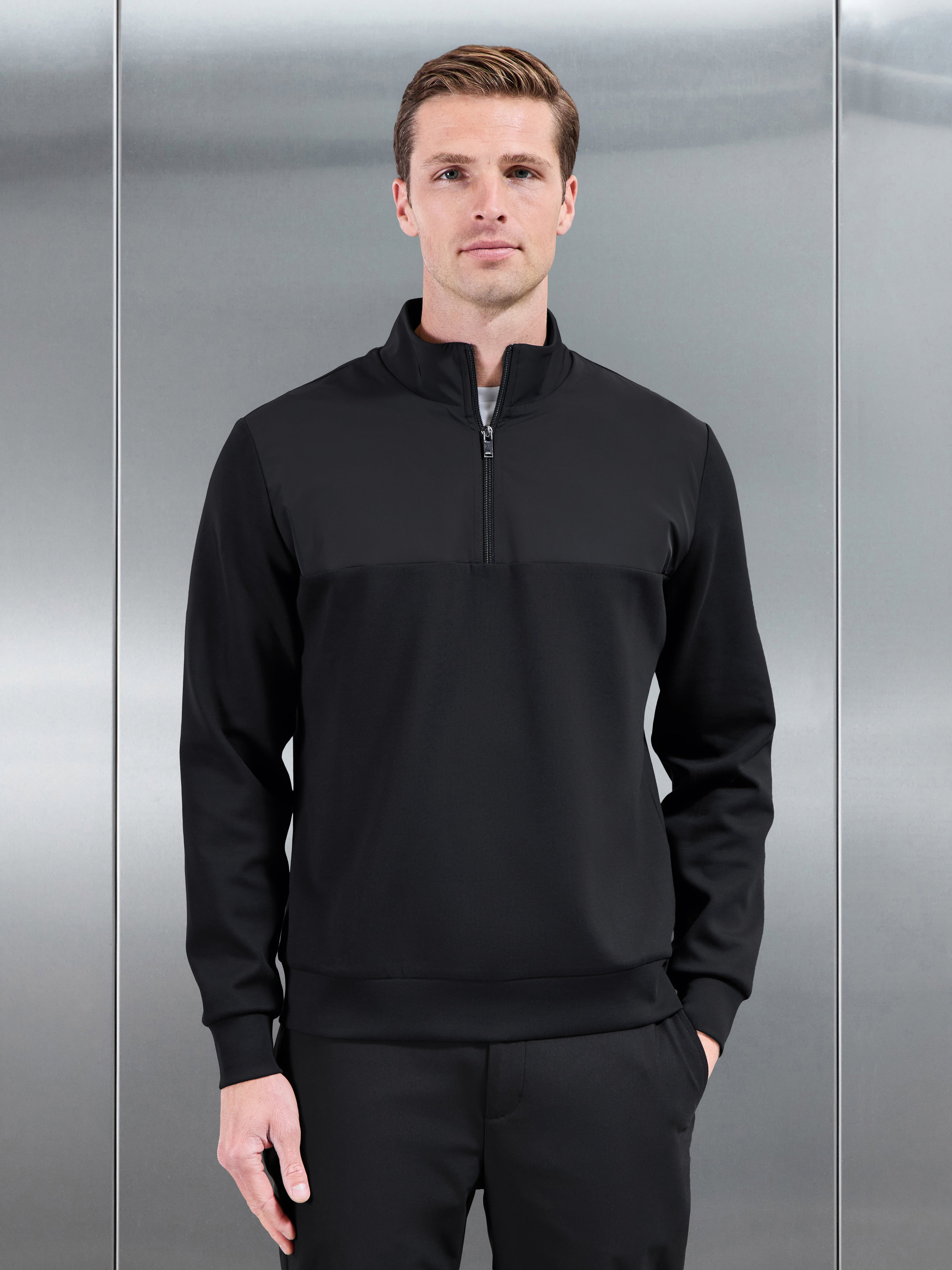 Interlock Jersey Hybrid Half Zip Jumper in Black