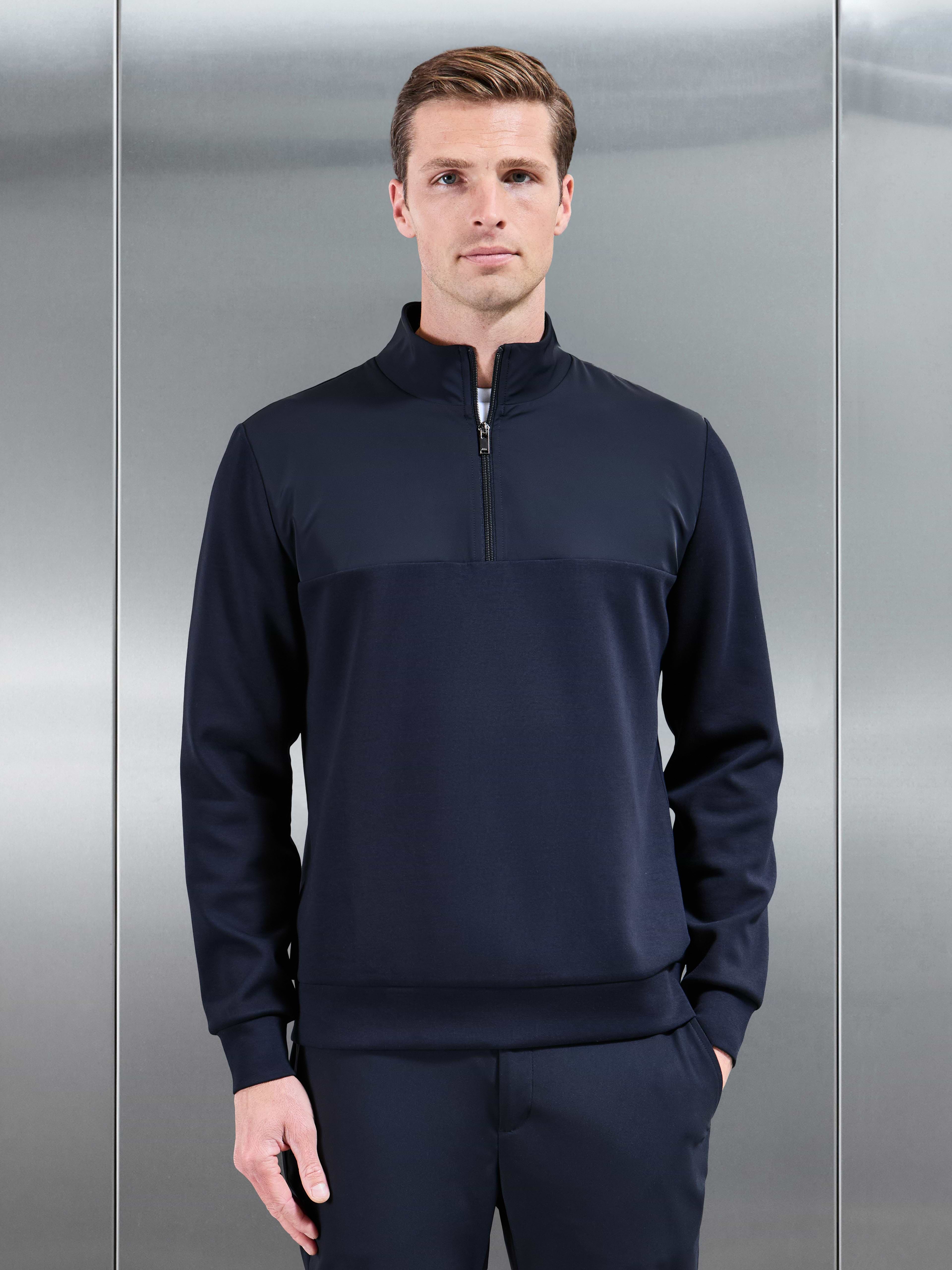 Interlock Jersey Hybrid Half Zip Jumper in Navy