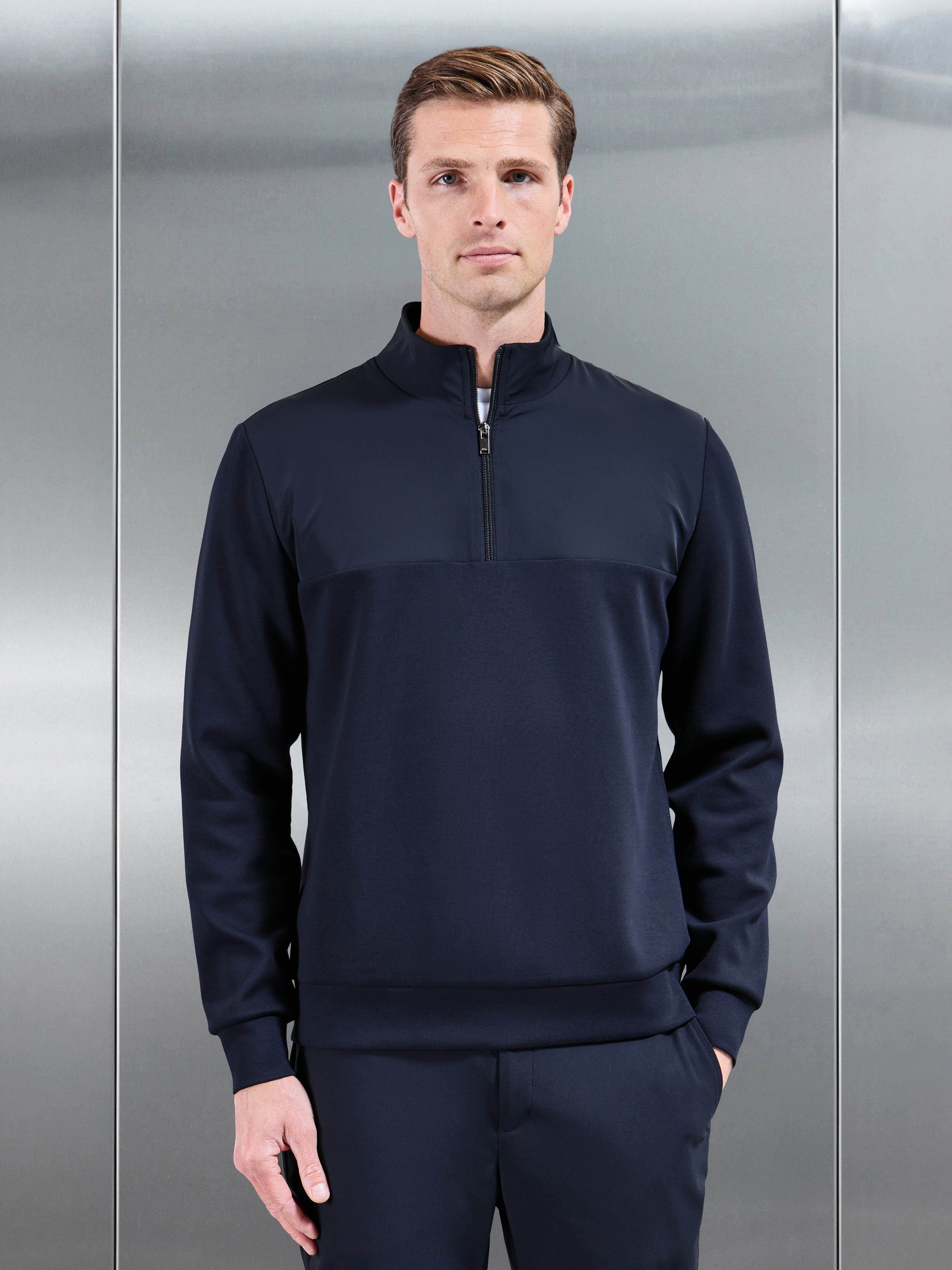 Interlock Jersey Hybrid Half Zip Jumper in Navy