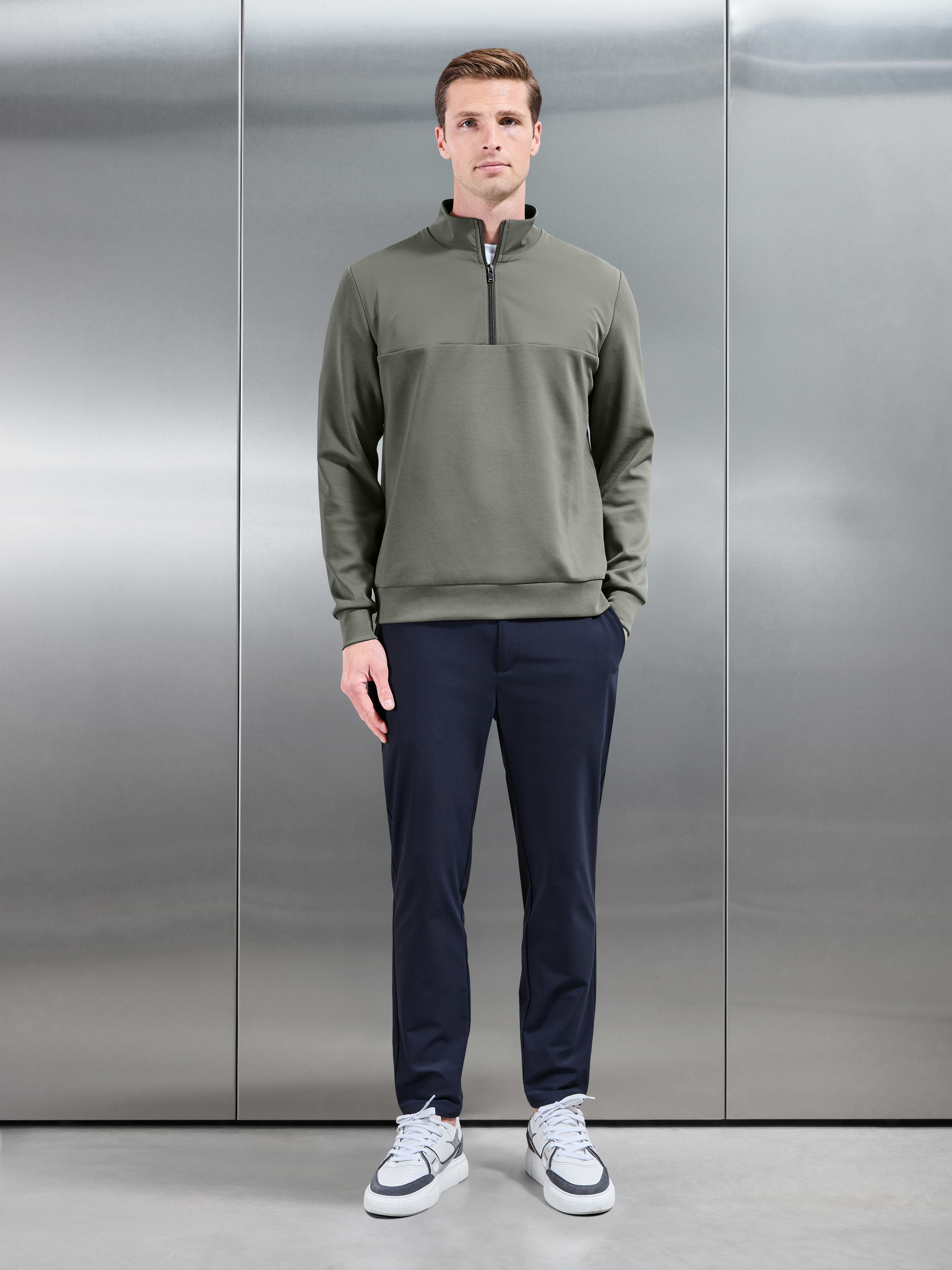 Interlock Jersey Hybrid Half Zip Jumper in Sage