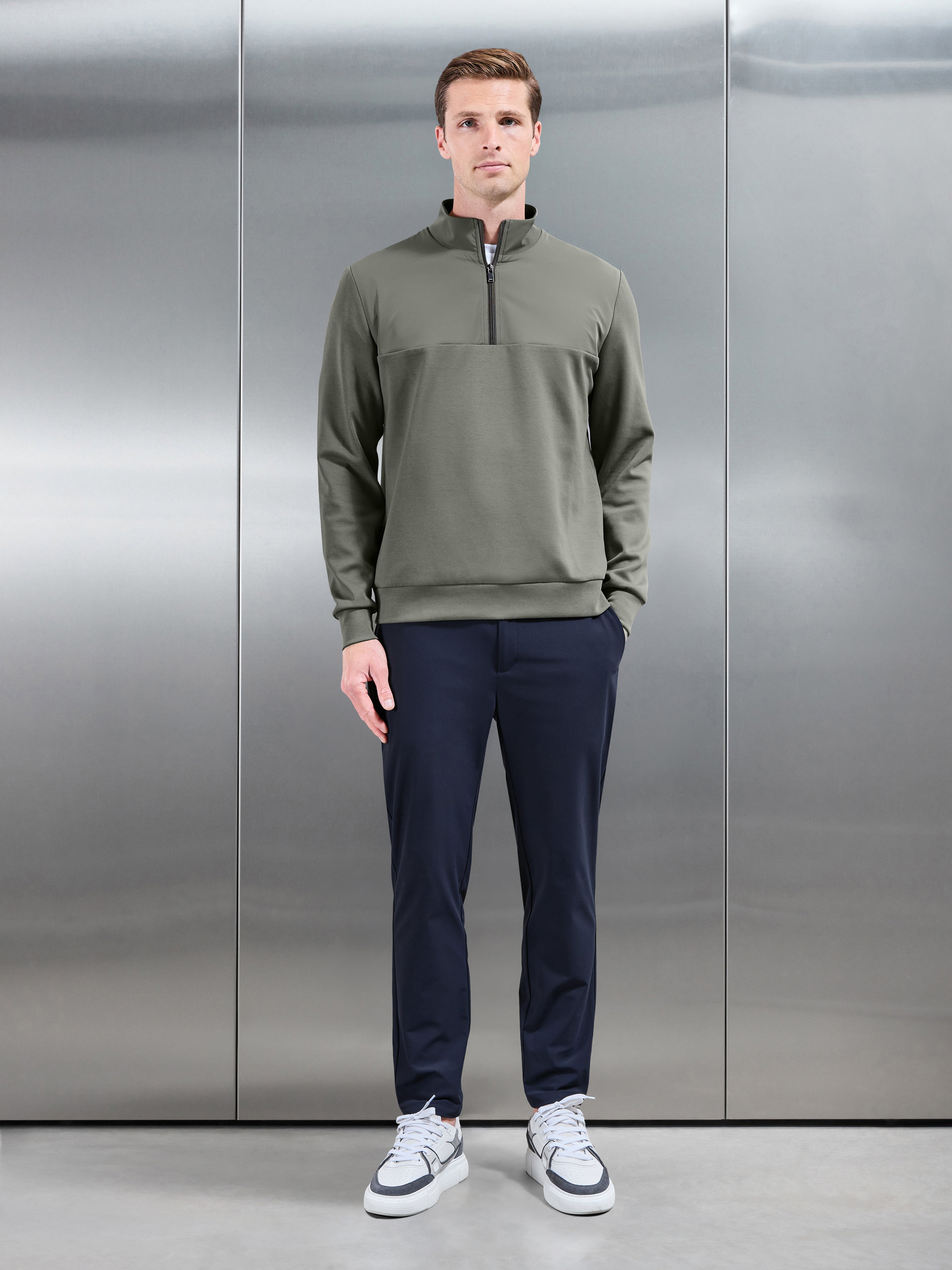 Interlock Jersey Hybrid Half Zip Jumper in Sage