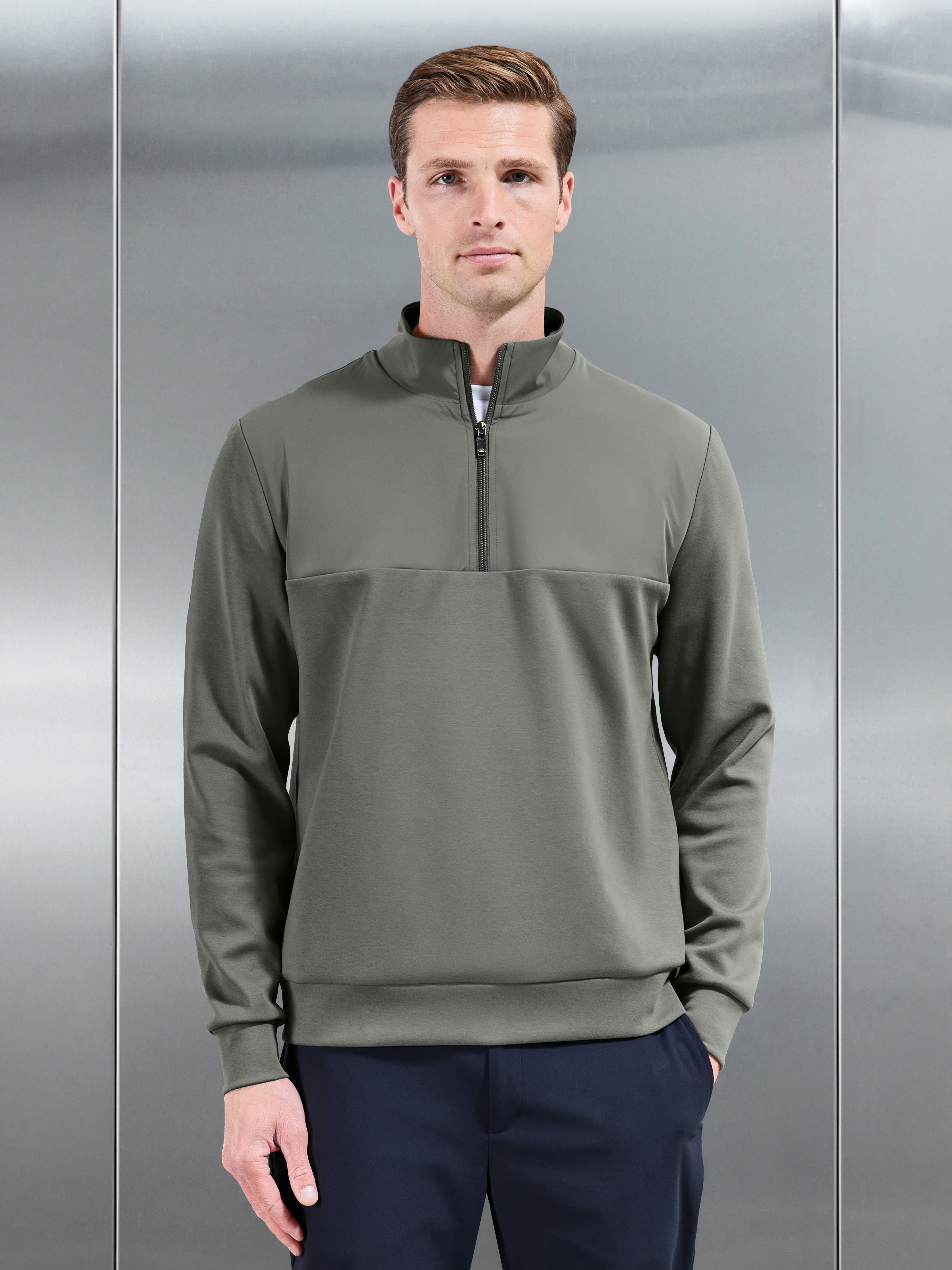 Interlock Jersey Hybrid Half Zip Jumper in Sage