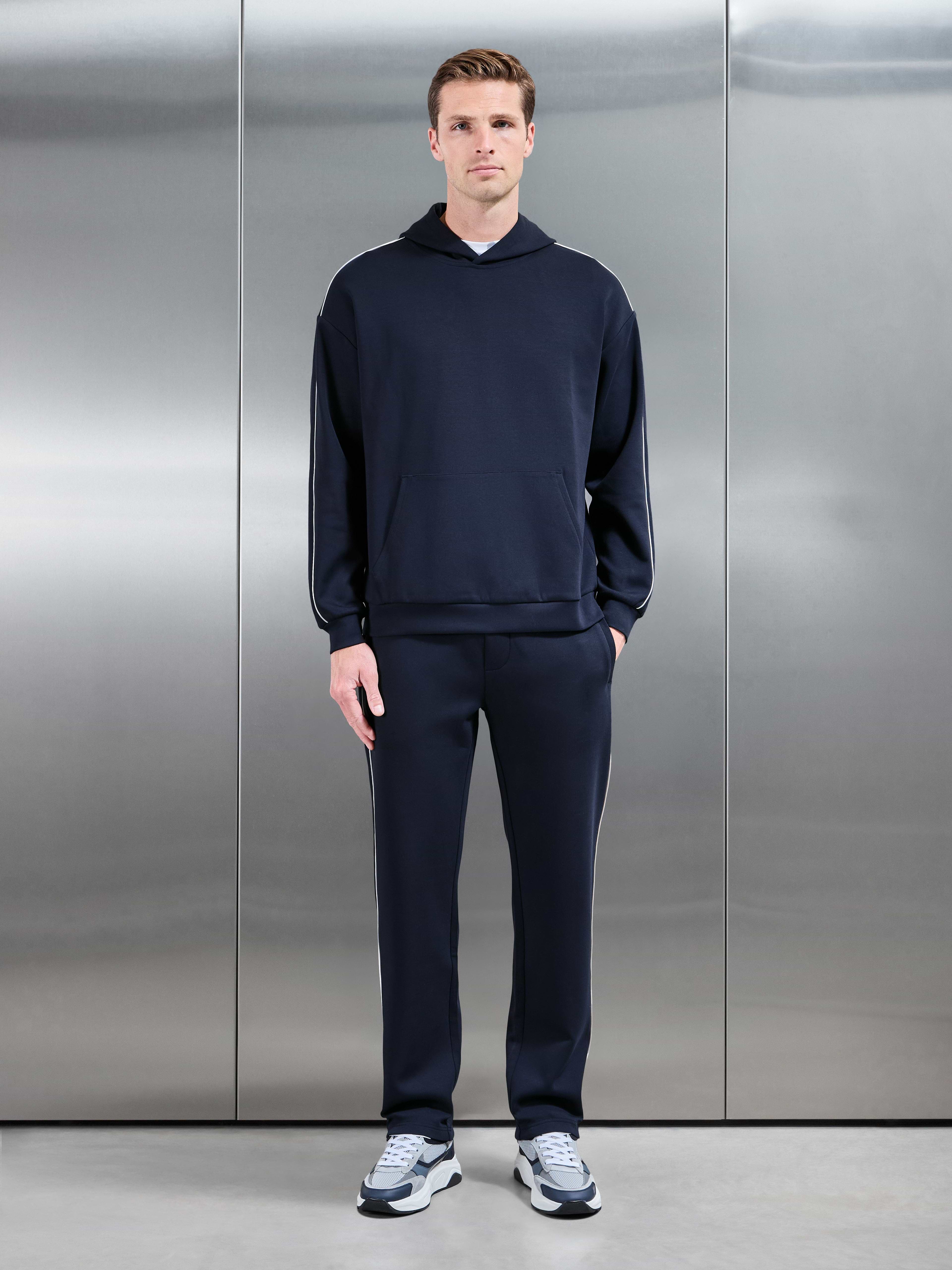 Interlock Jersey Piping Relaxed Hoodie in Navy