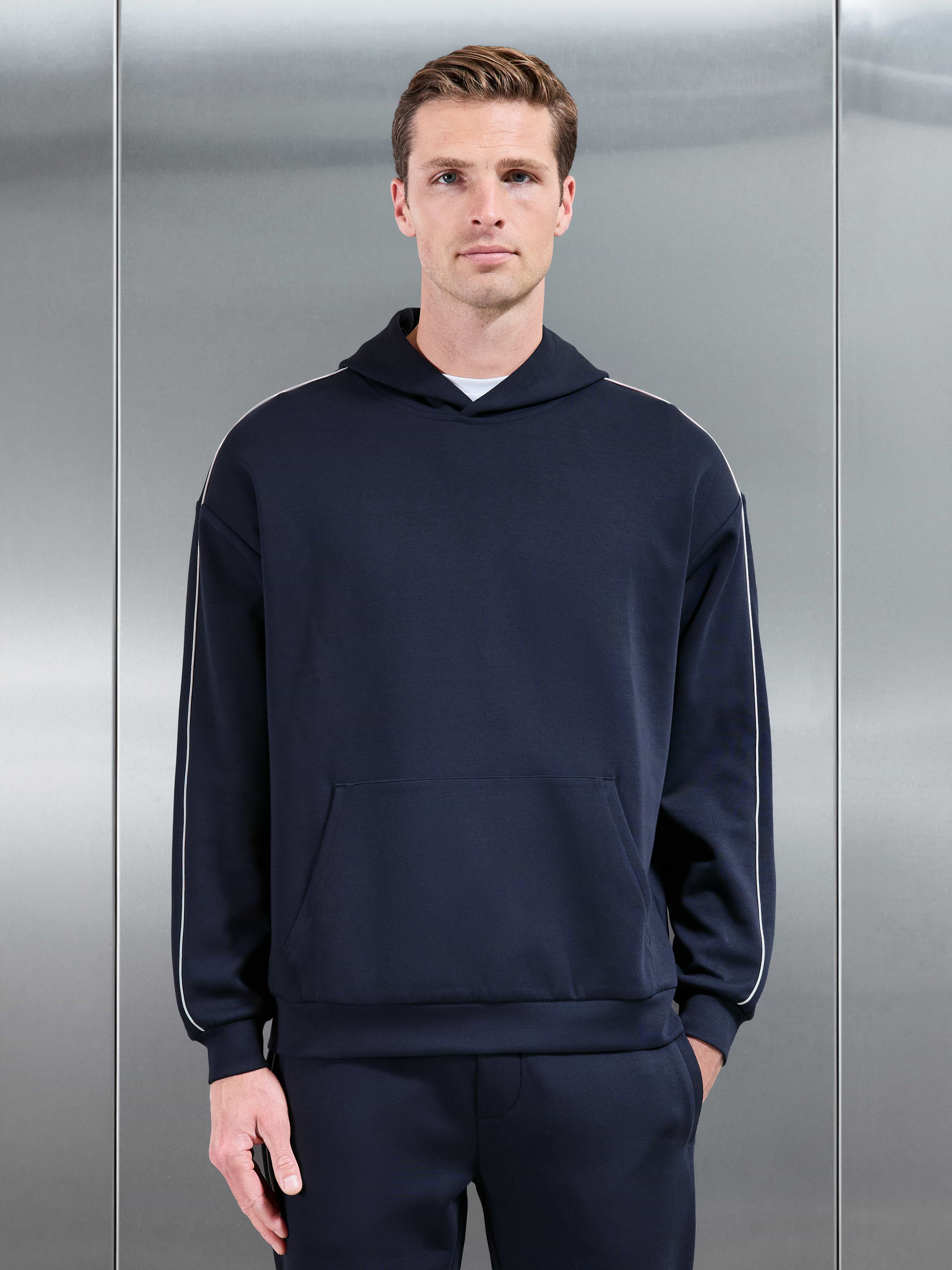 Interlock Jersey Piping Relaxed Hoodie in Navy