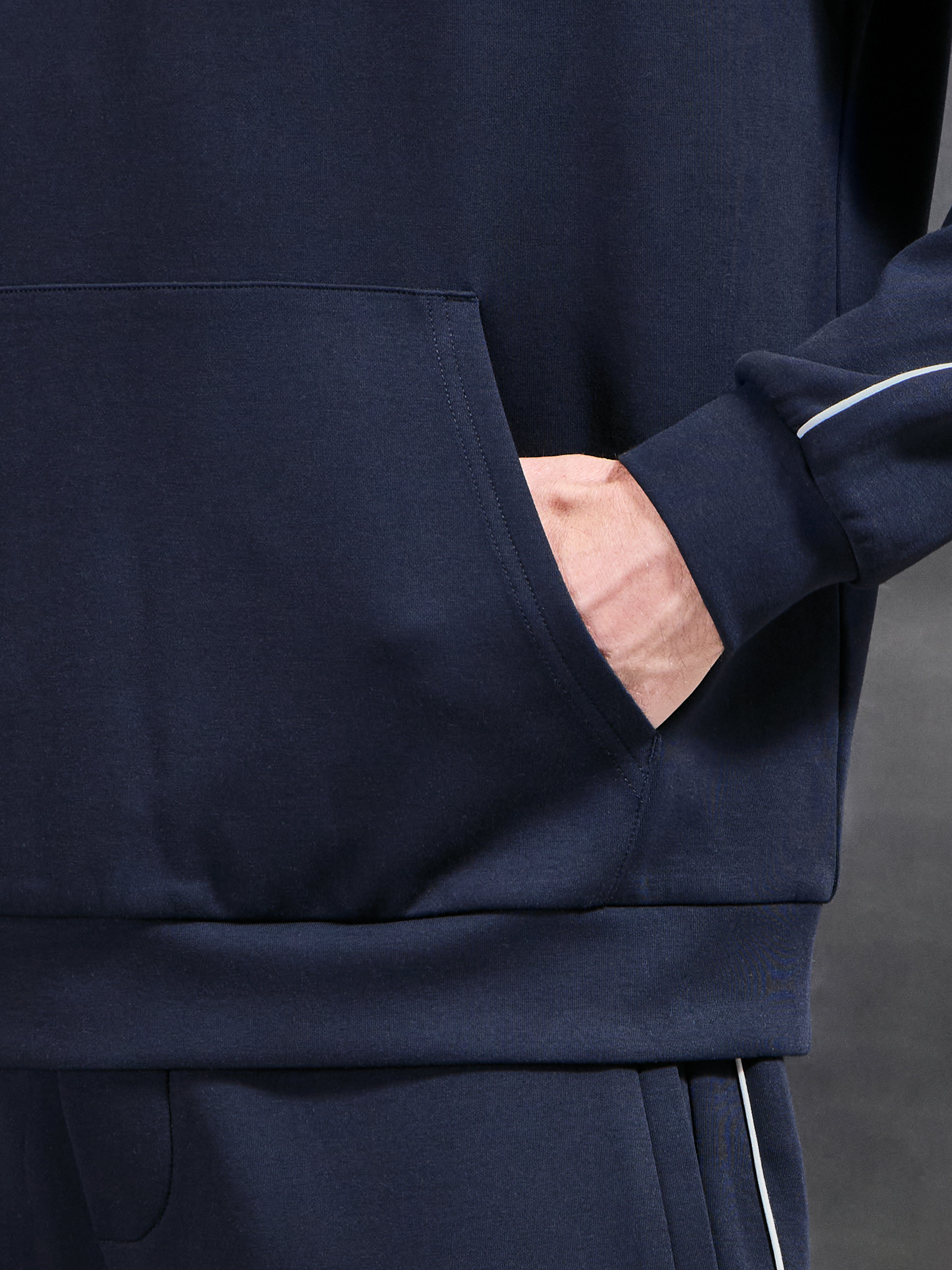 Interlock Jersey Piping Relaxed Hoodie in Navy