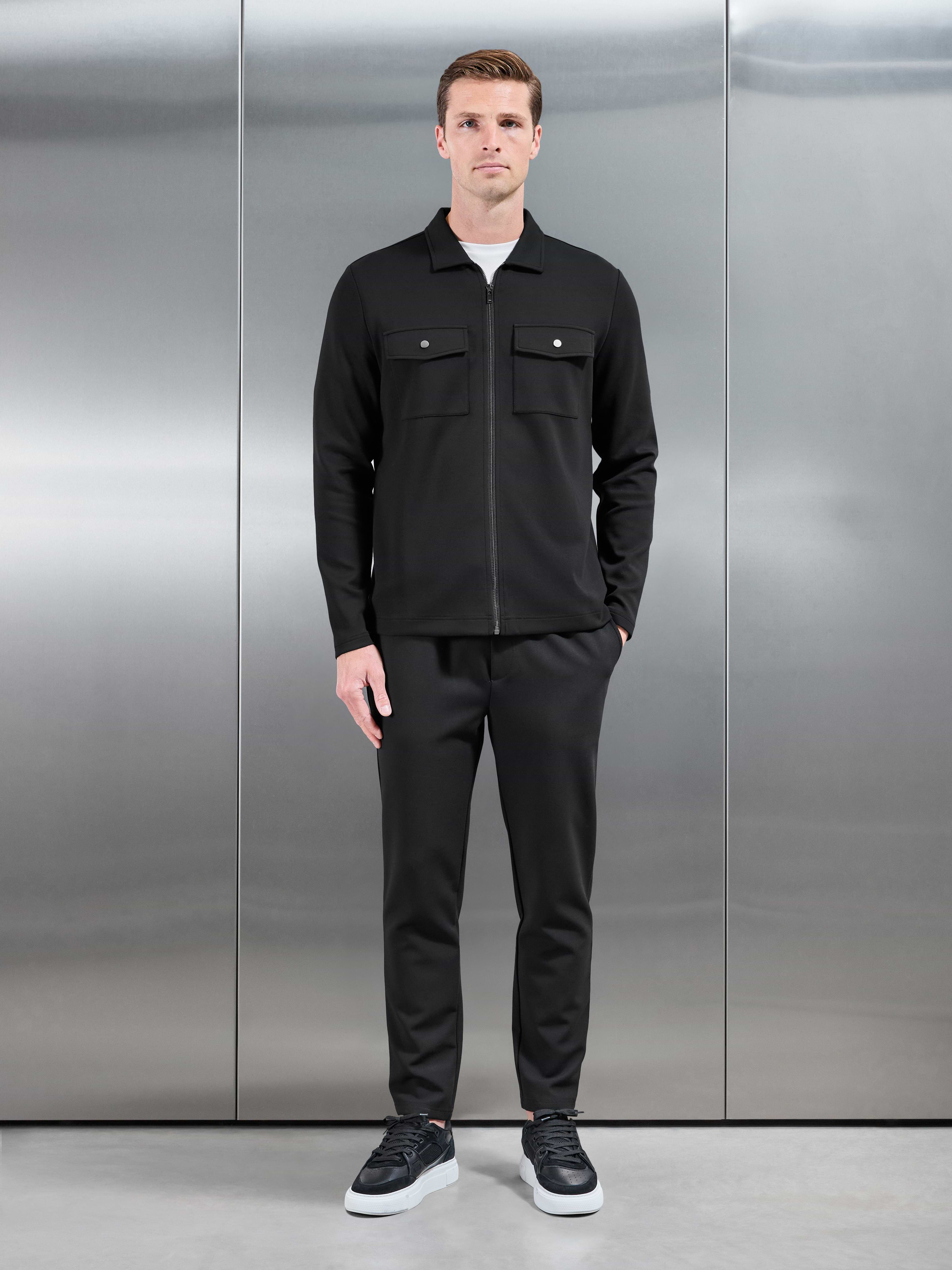 Interlock Jersey Pocket Zip Through Overshirt in Black
