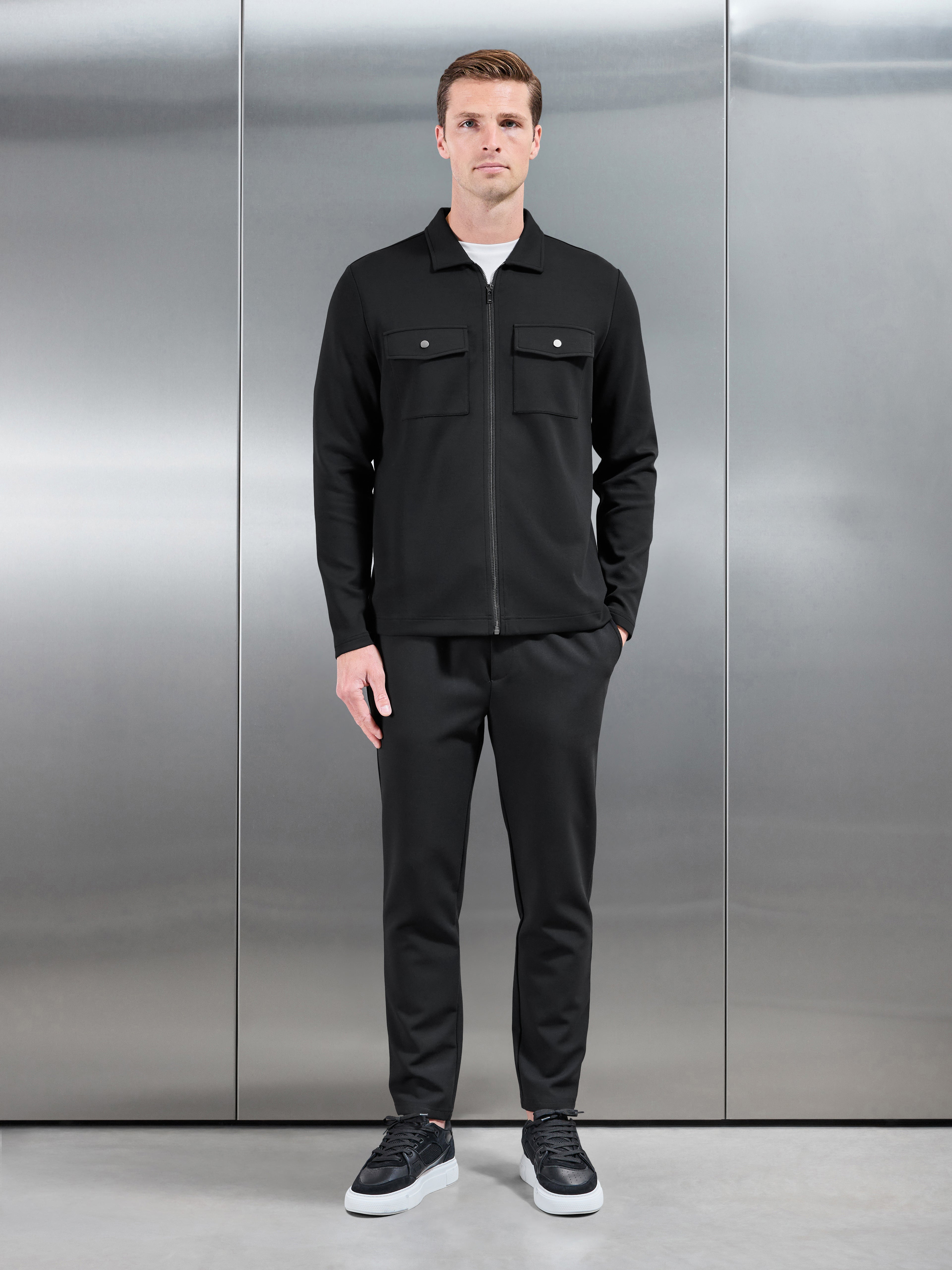 Interlock Jersey Pocket Zip Through Overshirt in Black