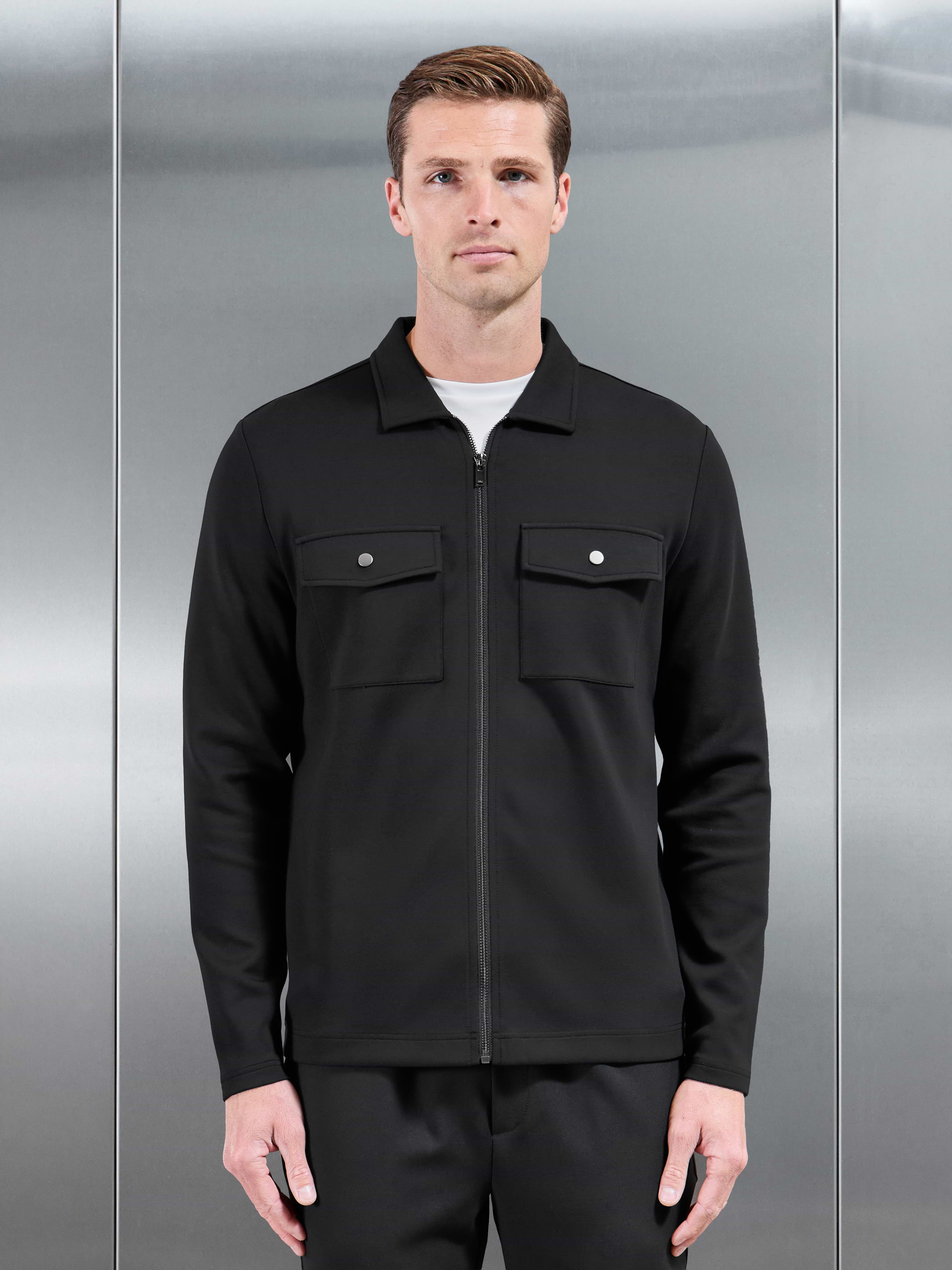 Interlock Jersey Pocket Zip Through Overshirt in Black