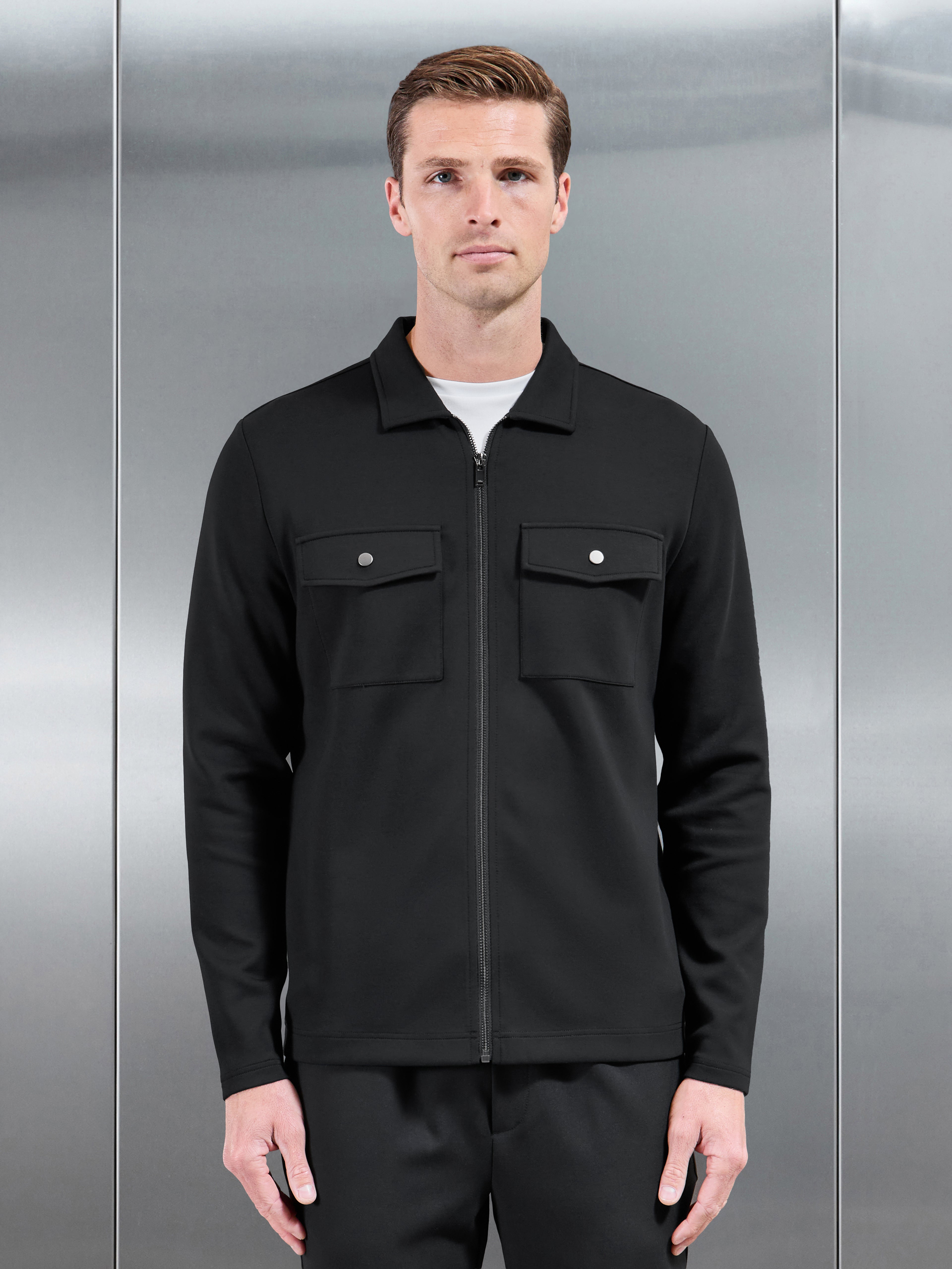 Interlock Jersey Pocket Zip Through Overshirt in Black