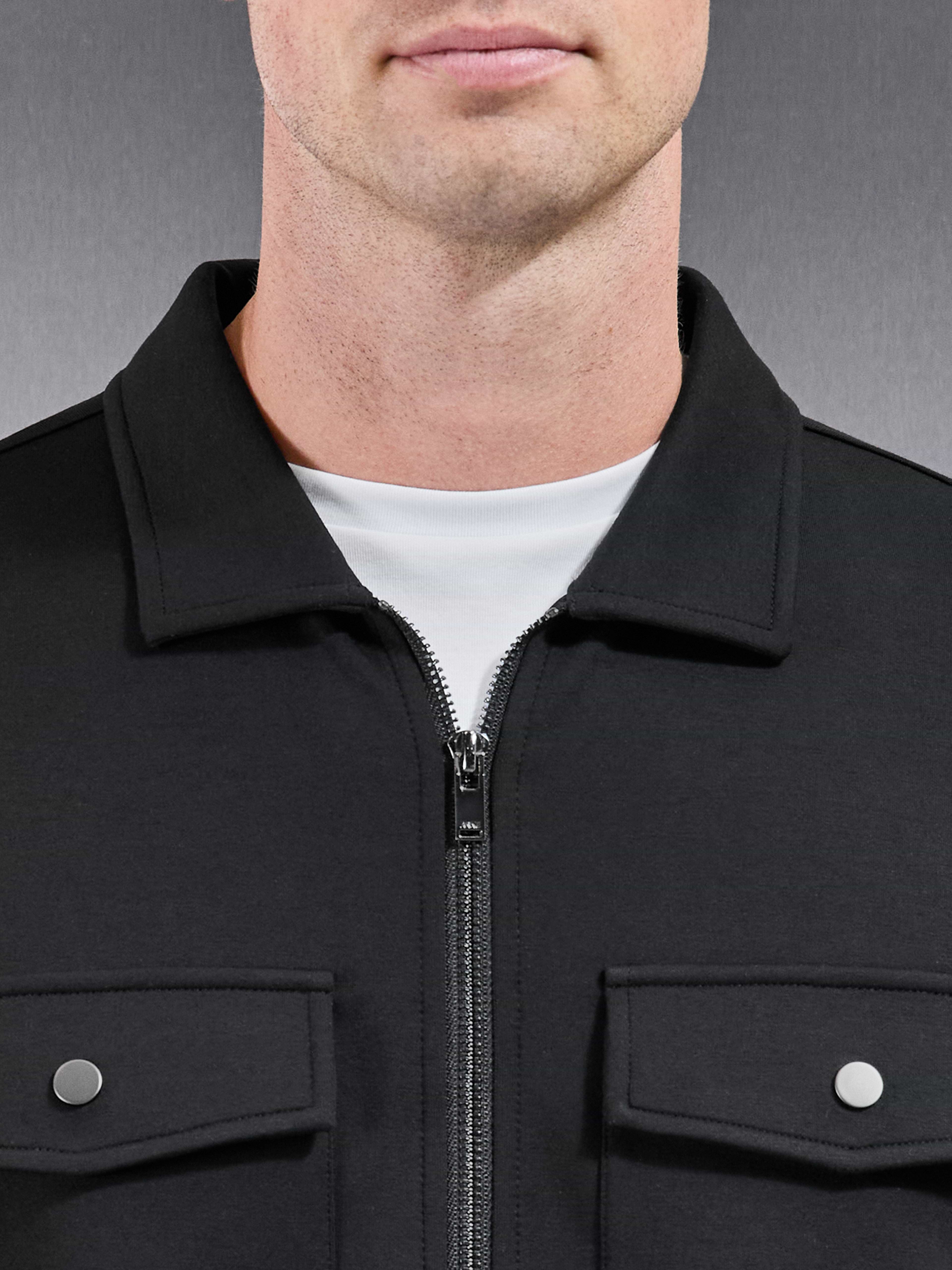 Interlock Jersey Pocket Zip Through Overshirt in Black