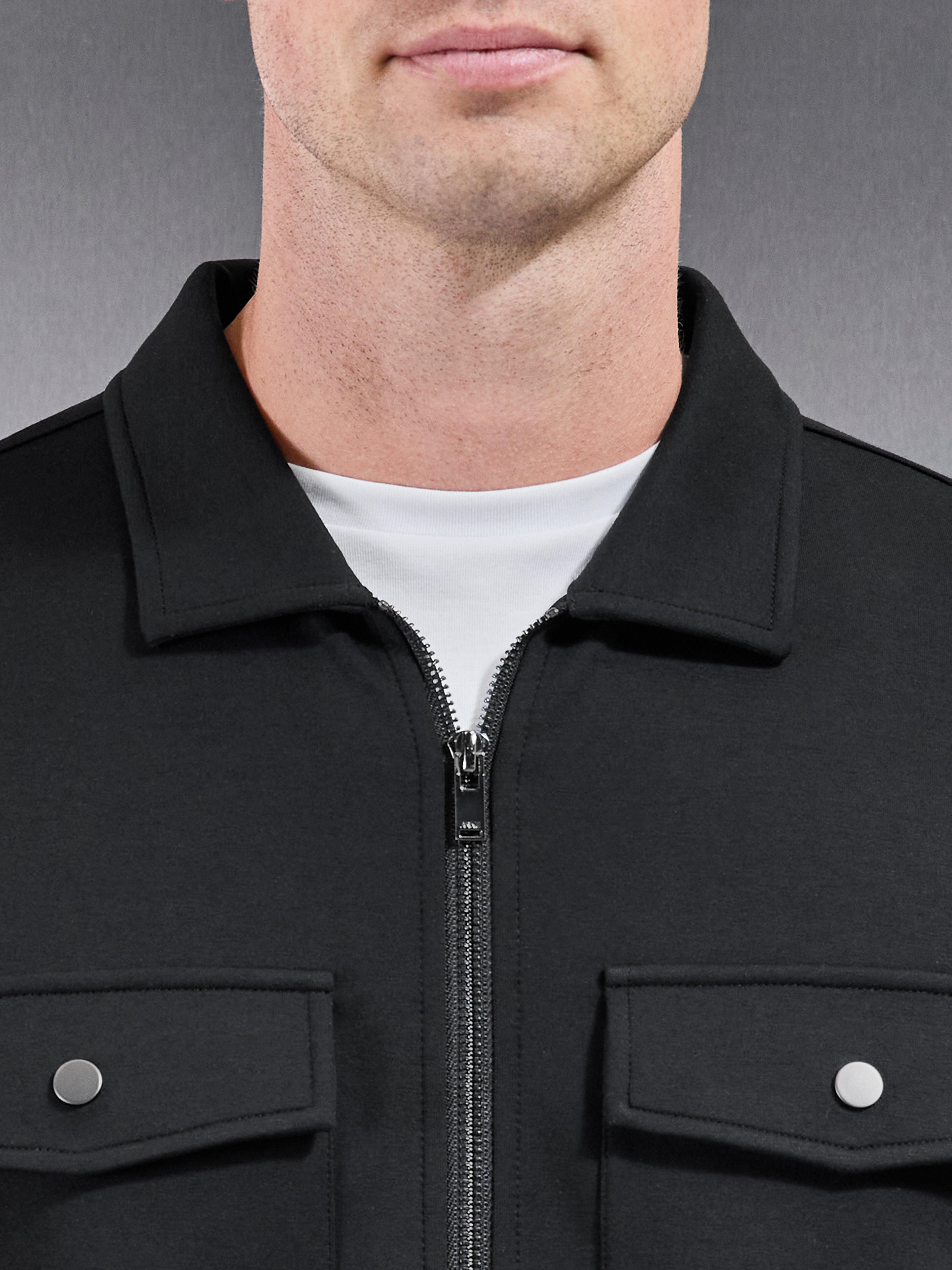 Interlock Jersey Pocket Zip Through Overshirt in Black