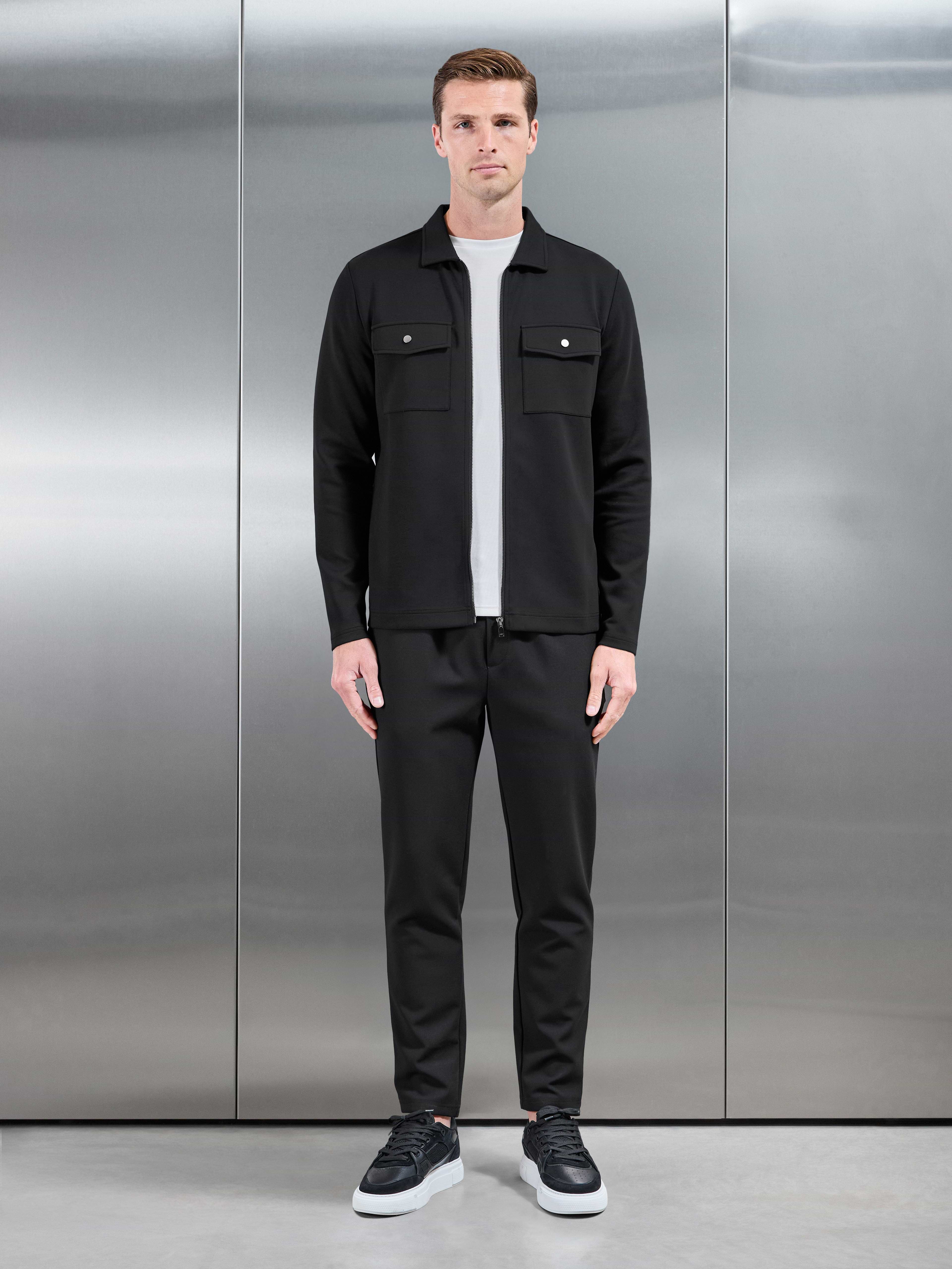 Interlock Jersey Pocket Zip Through Overshirt in Black