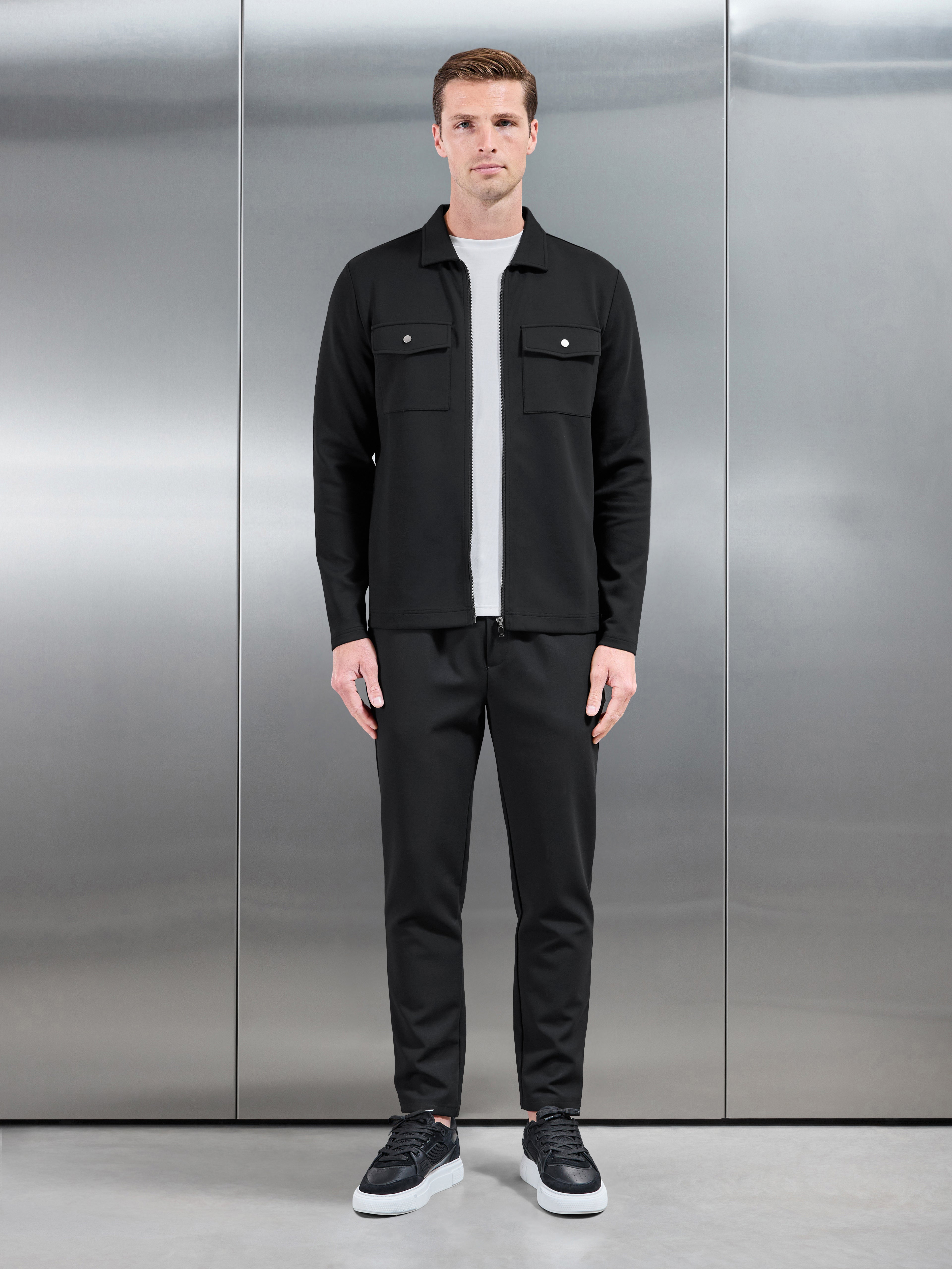 Interlock Jersey Pocket Zip Through Overshirt in Black