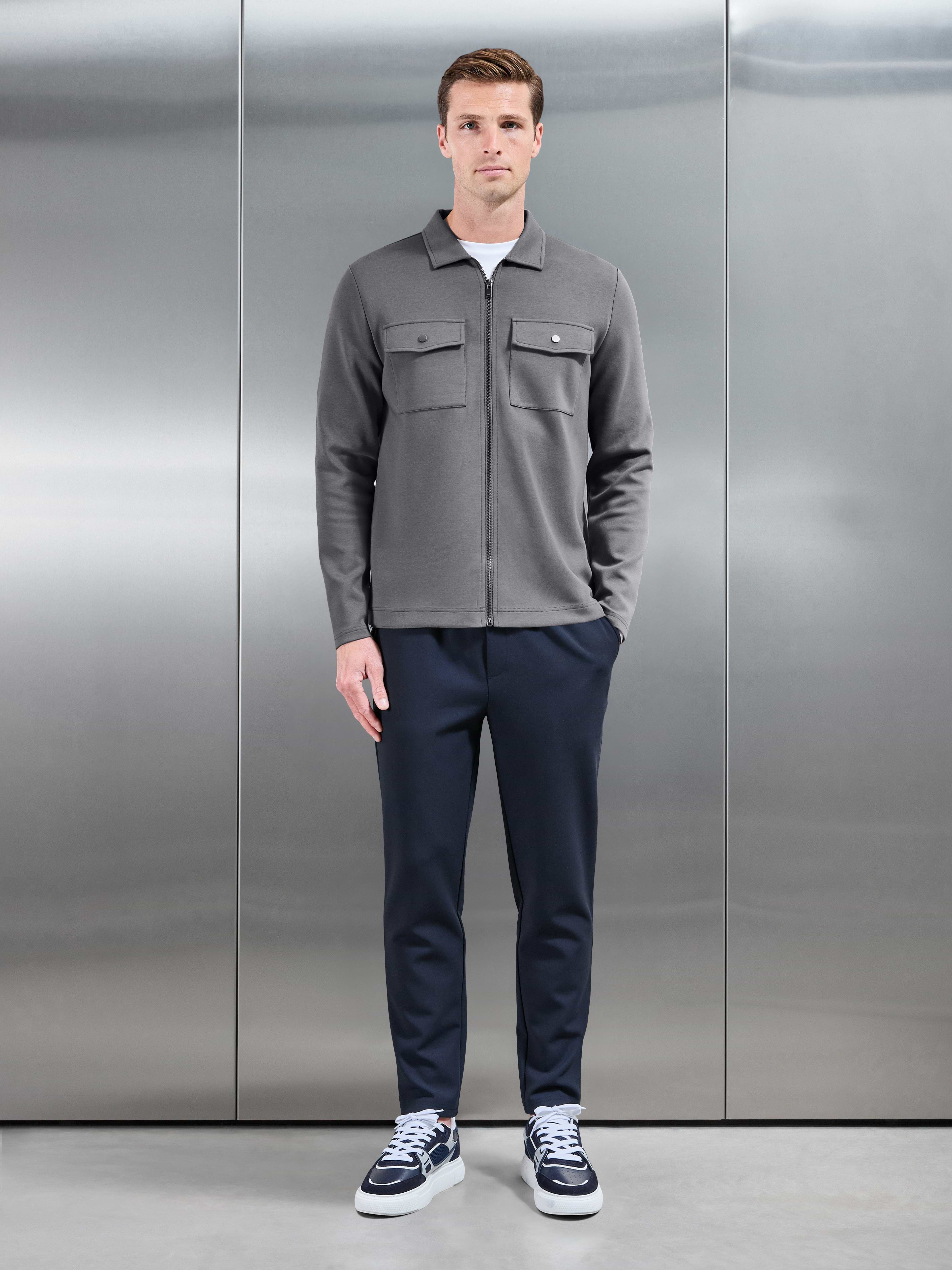Interlock Jersey Pocket Zip Through Overshirt in Charcoal