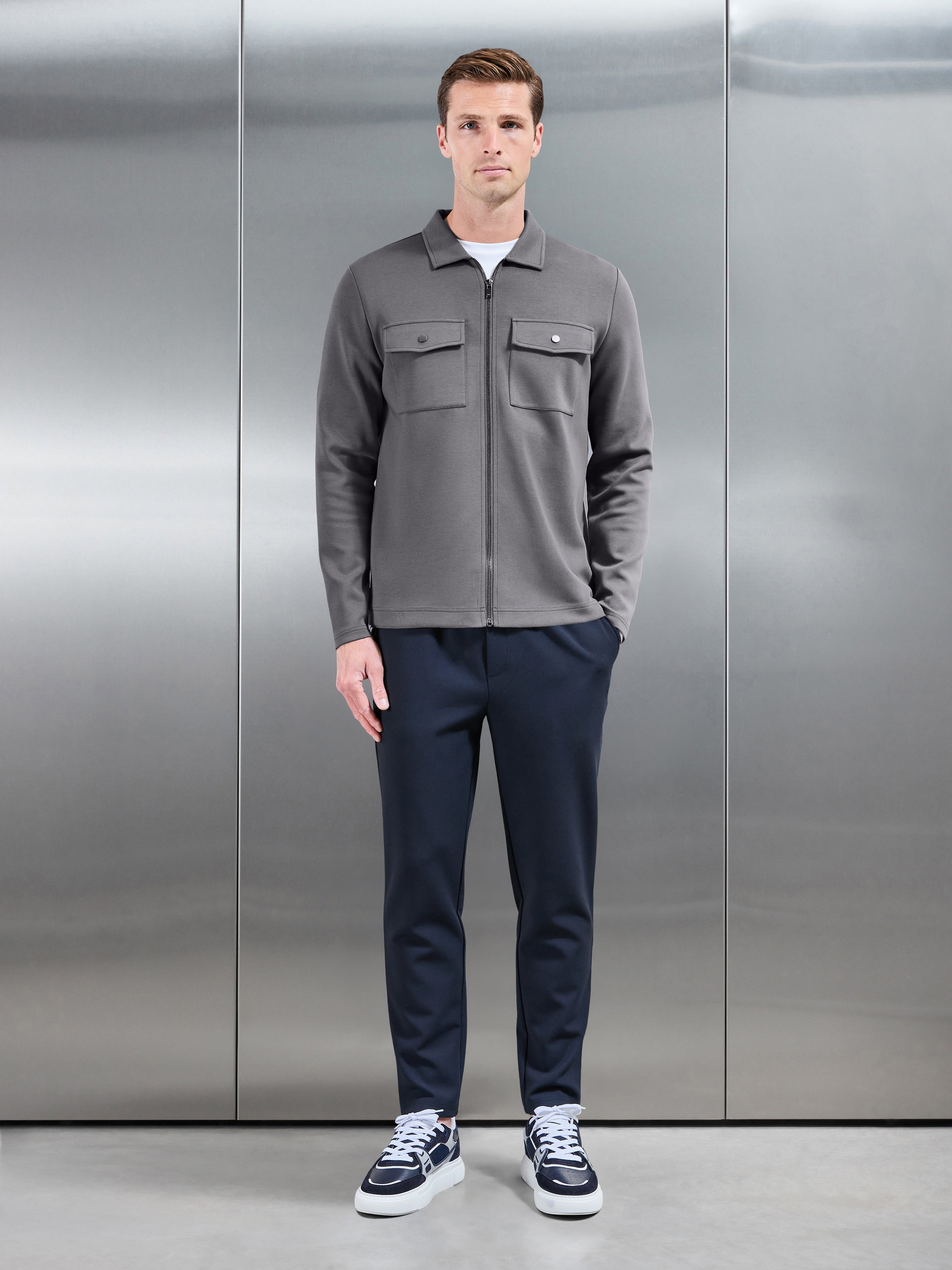 Interlock Jersey Pocket Zip Through Overshirt in Charcoal