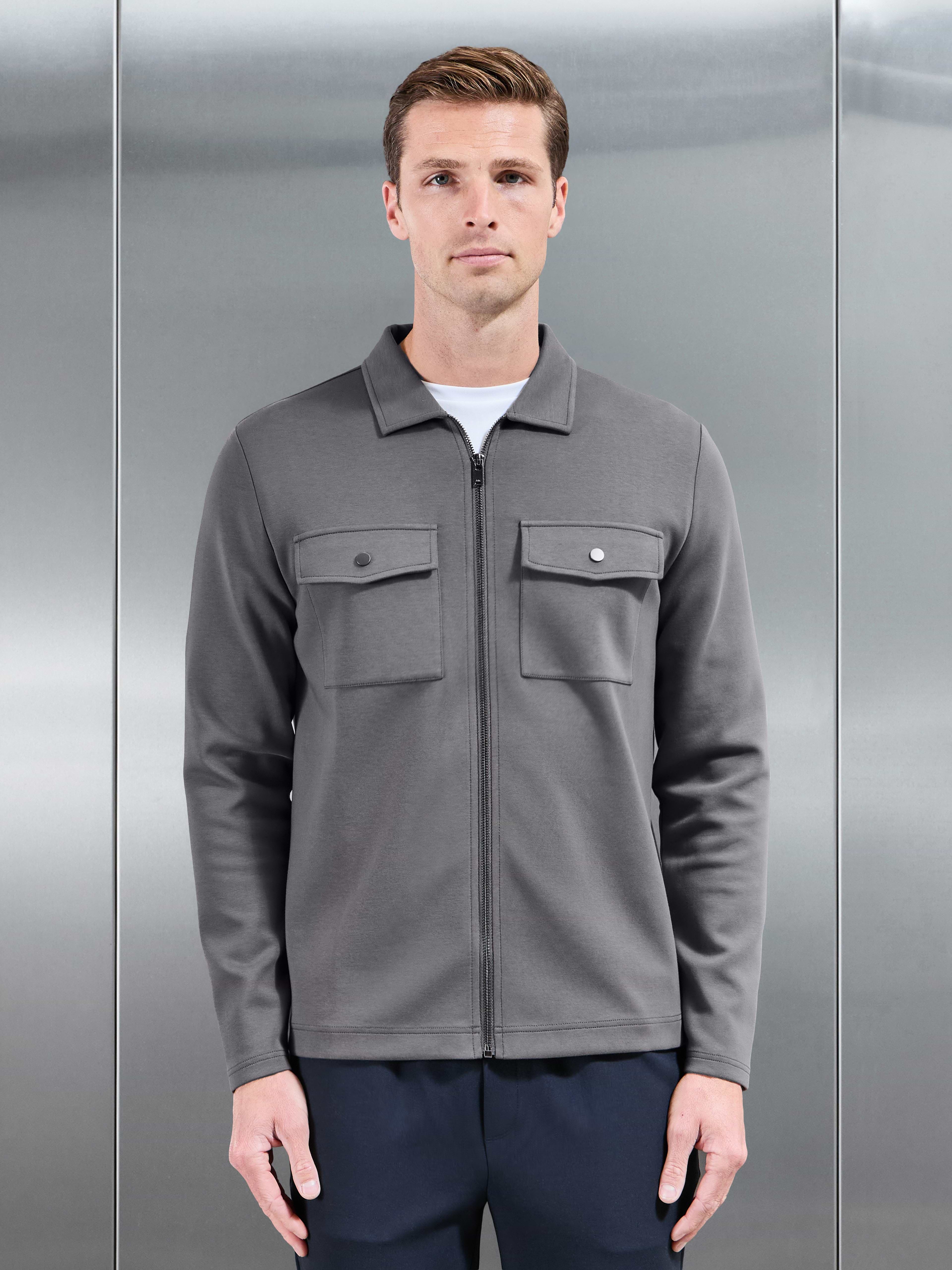 Interlock Jersey Pocket Zip Through Overshirt in Charcoal