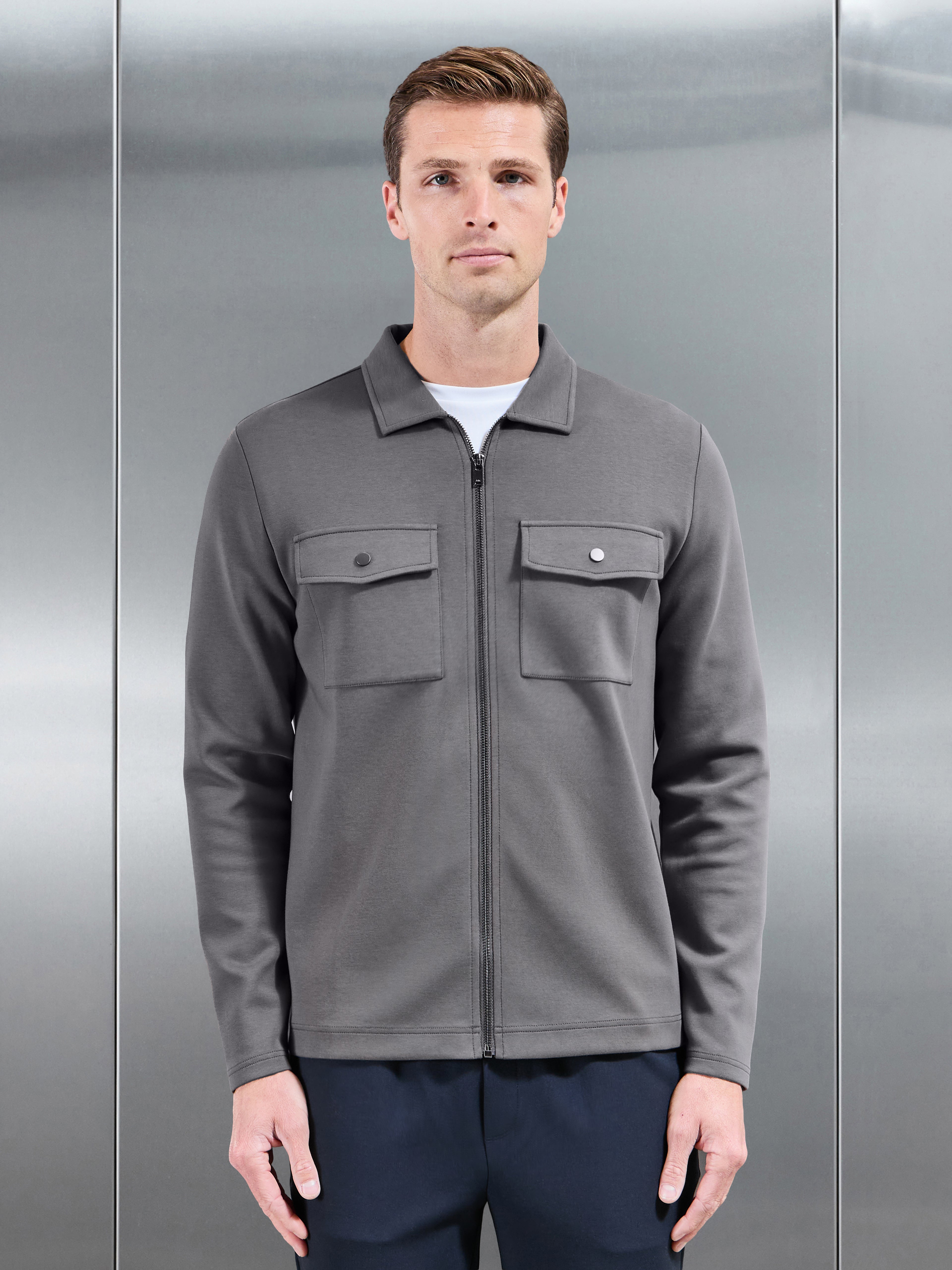 Interlock Jersey Pocket Zip Through Overshirt in Charcoal