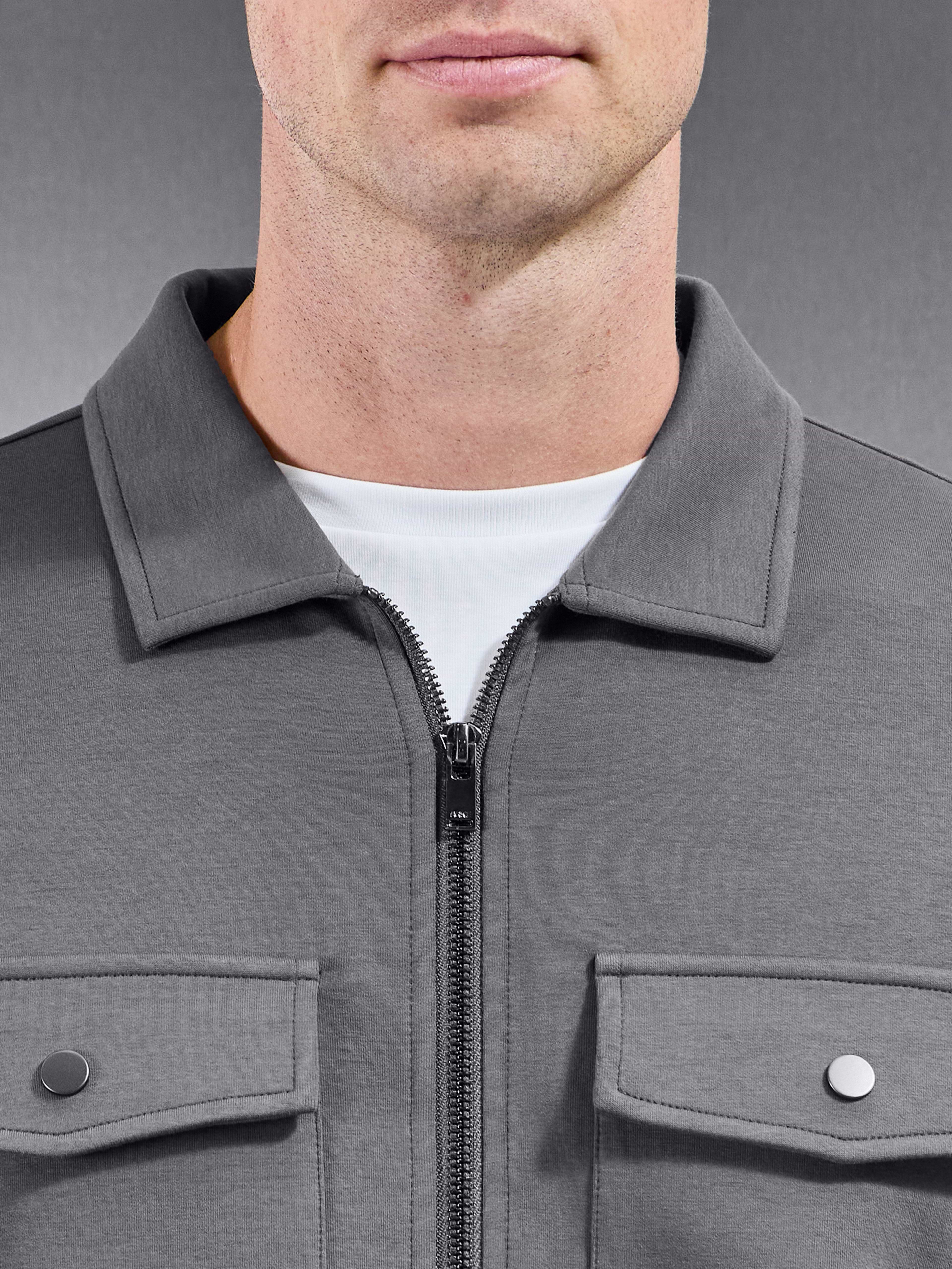 Interlock Jersey Pocket Zip Through Overshirt in Charcoal