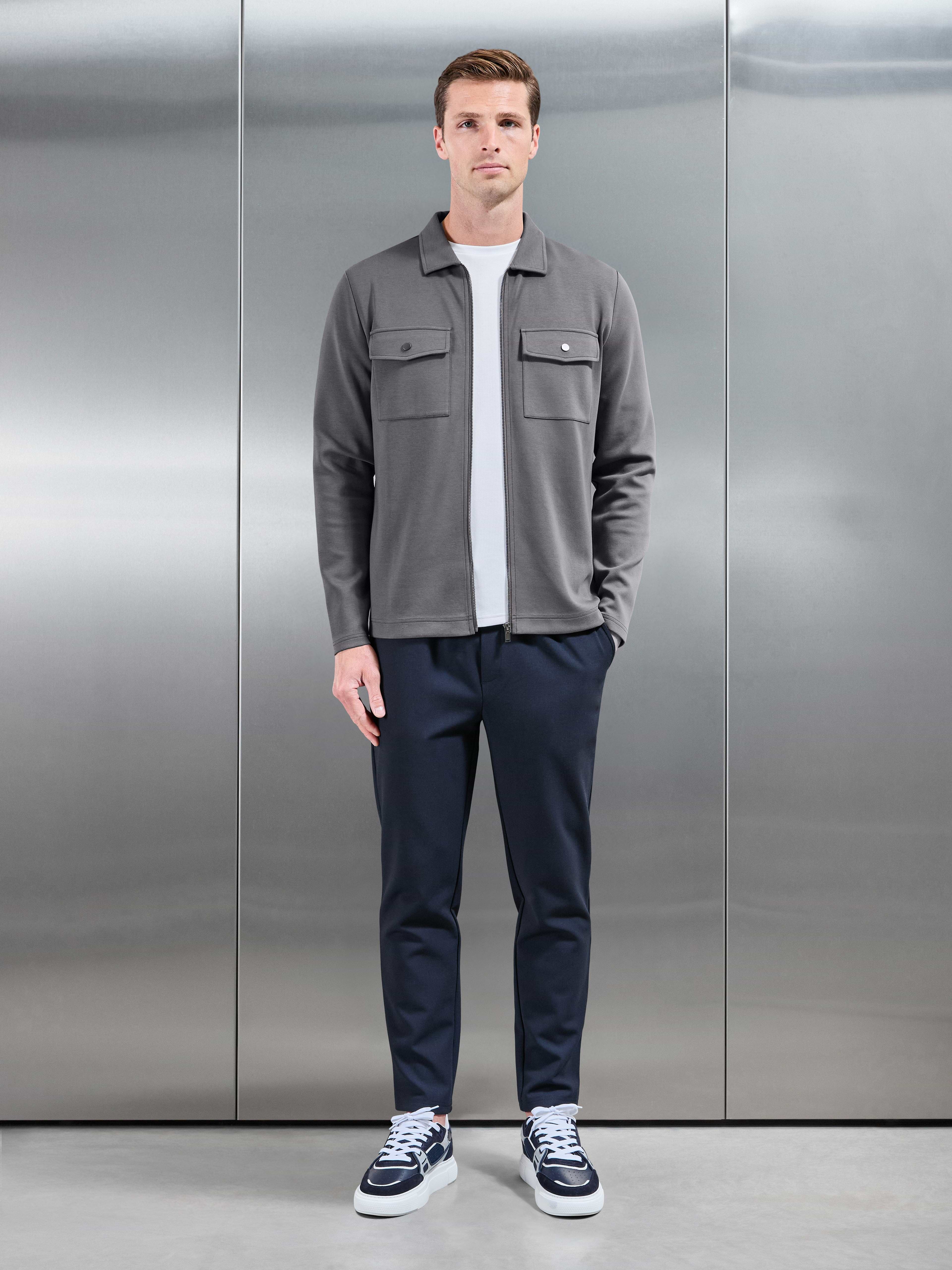Interlock Jersey Pocket Zip Through Overshirt in Charcoal