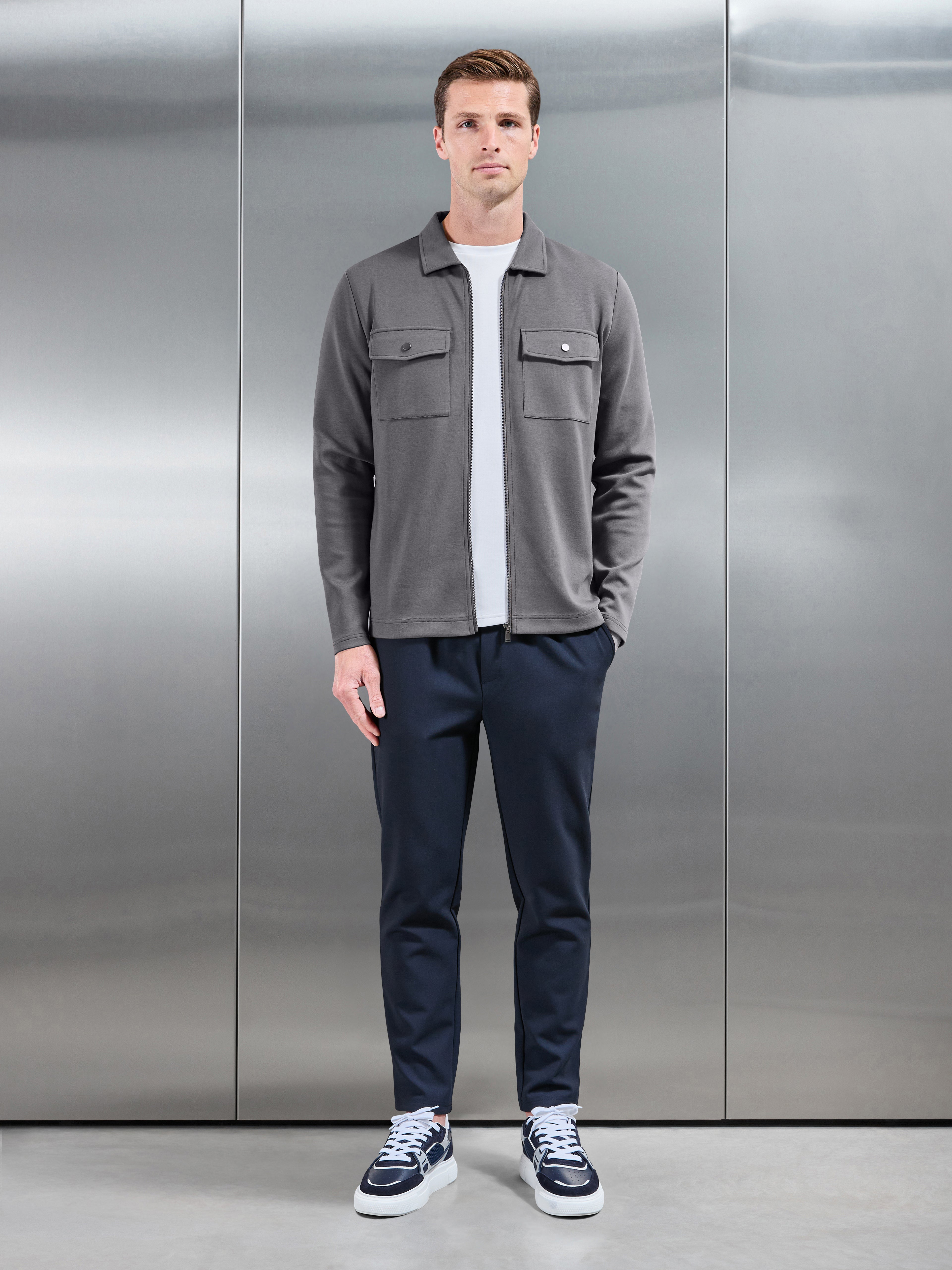 Interlock Jersey Pocket Zip Through Overshirt in Charcoal