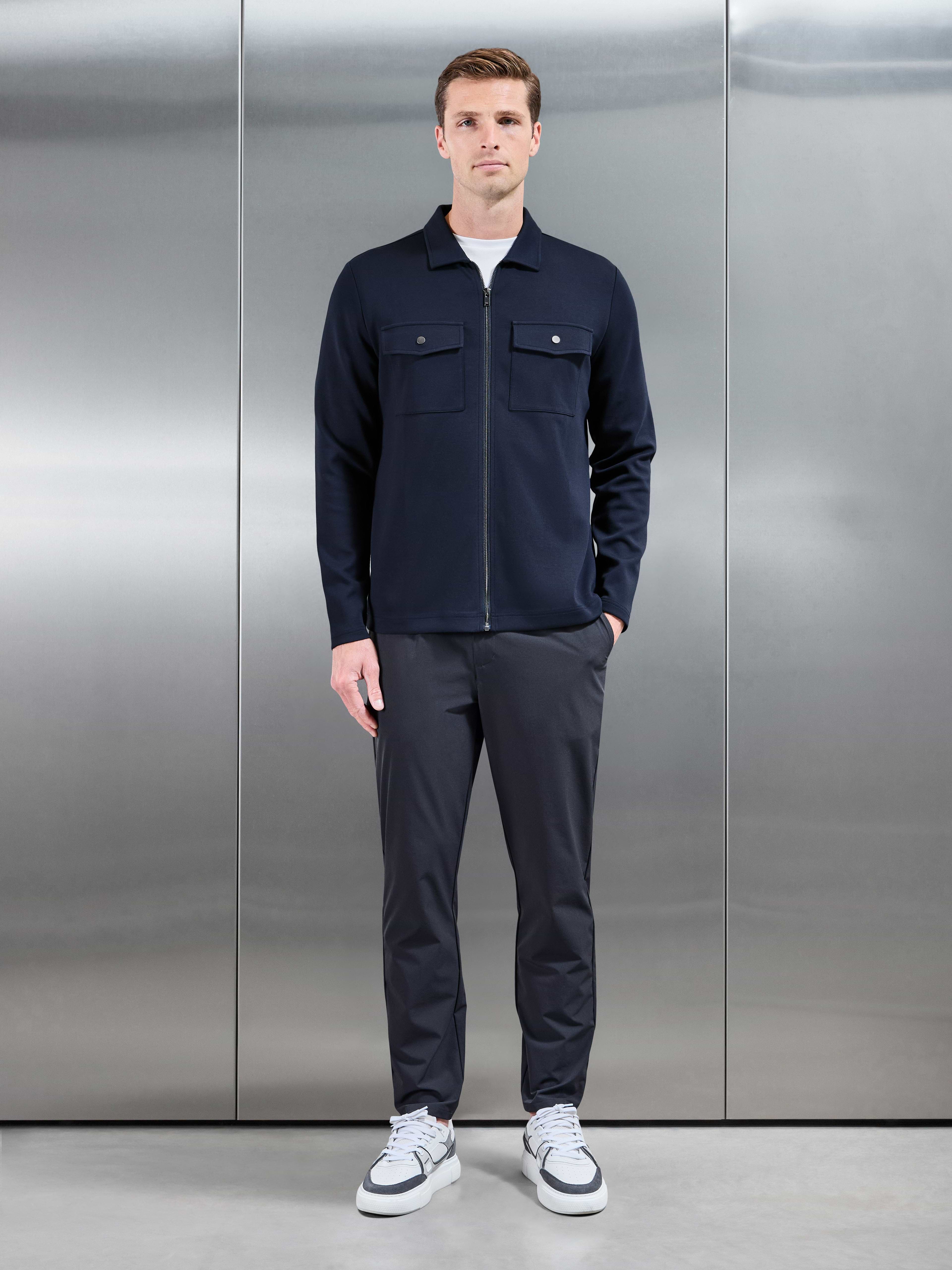 Interlock Jersey Pocket Zip Through Overshirt in Navy