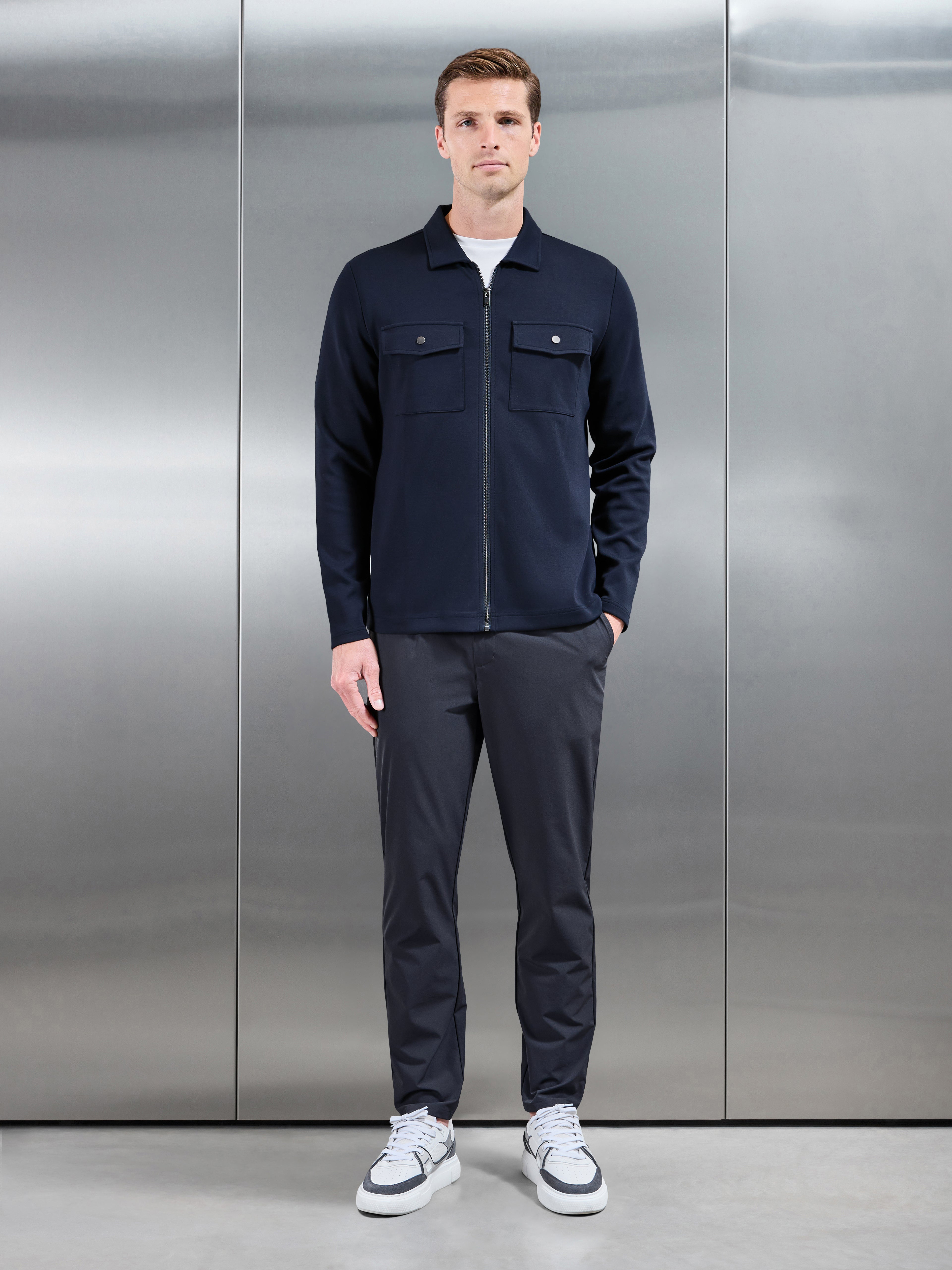 Interlock Jersey Pocket Zip Through Overshirt in Navy
