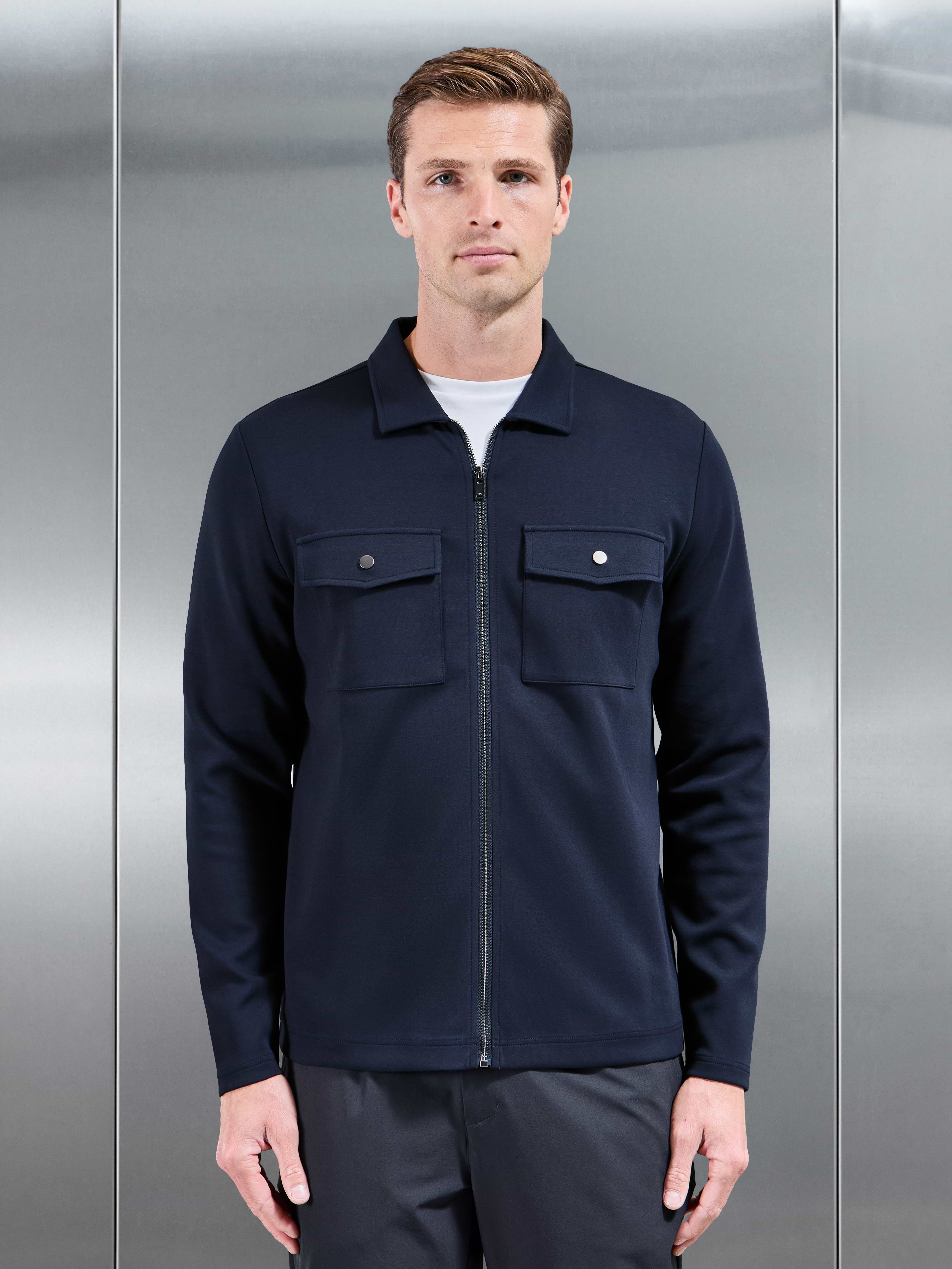 Interlock Jersey Pocket Zip Through Overshirt in Navy