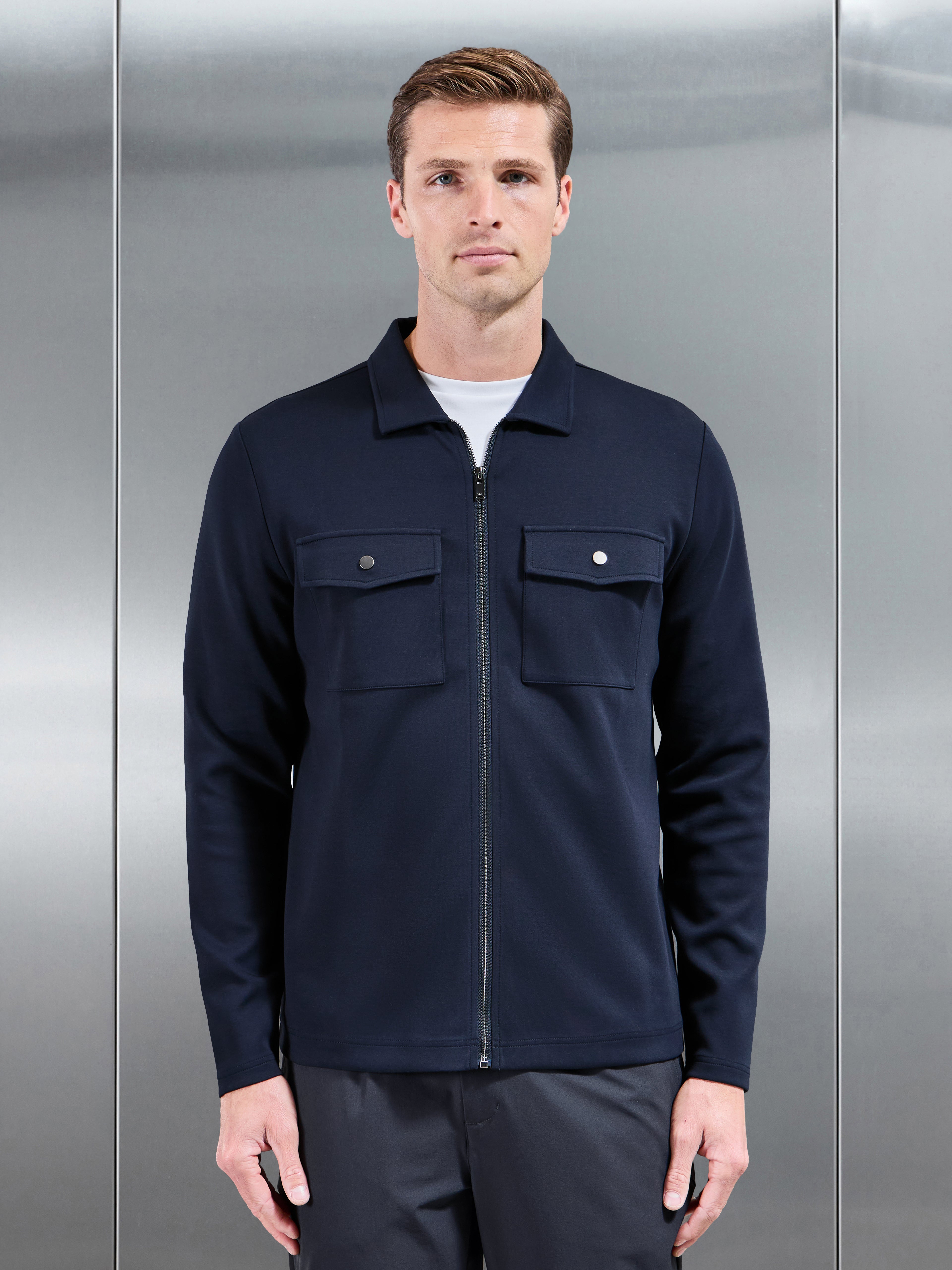 Interlock Jersey Pocket Zip Through Overshirt in Navy