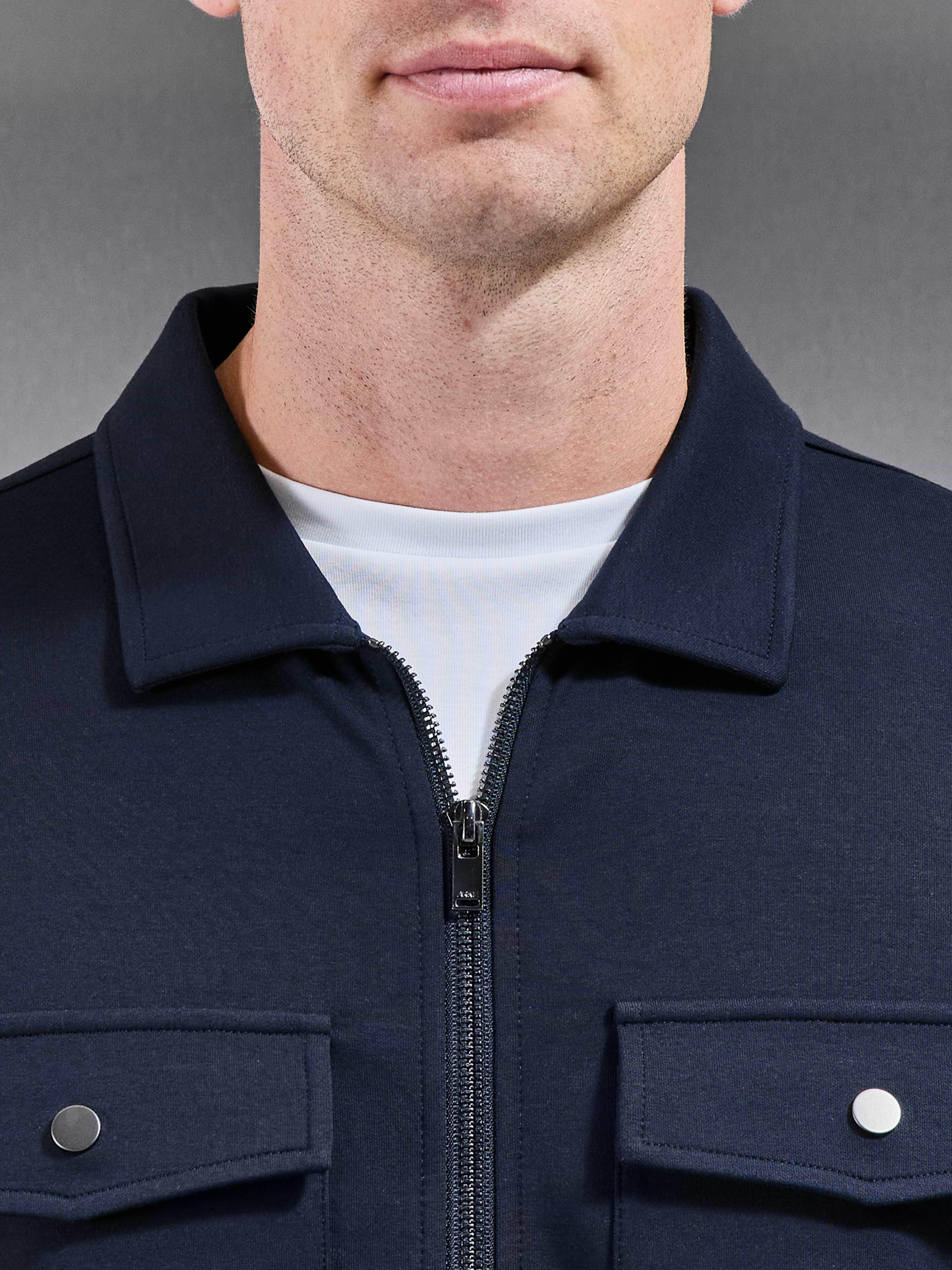 Interlock Jersey Pocket Zip Through Overshirt in Navy