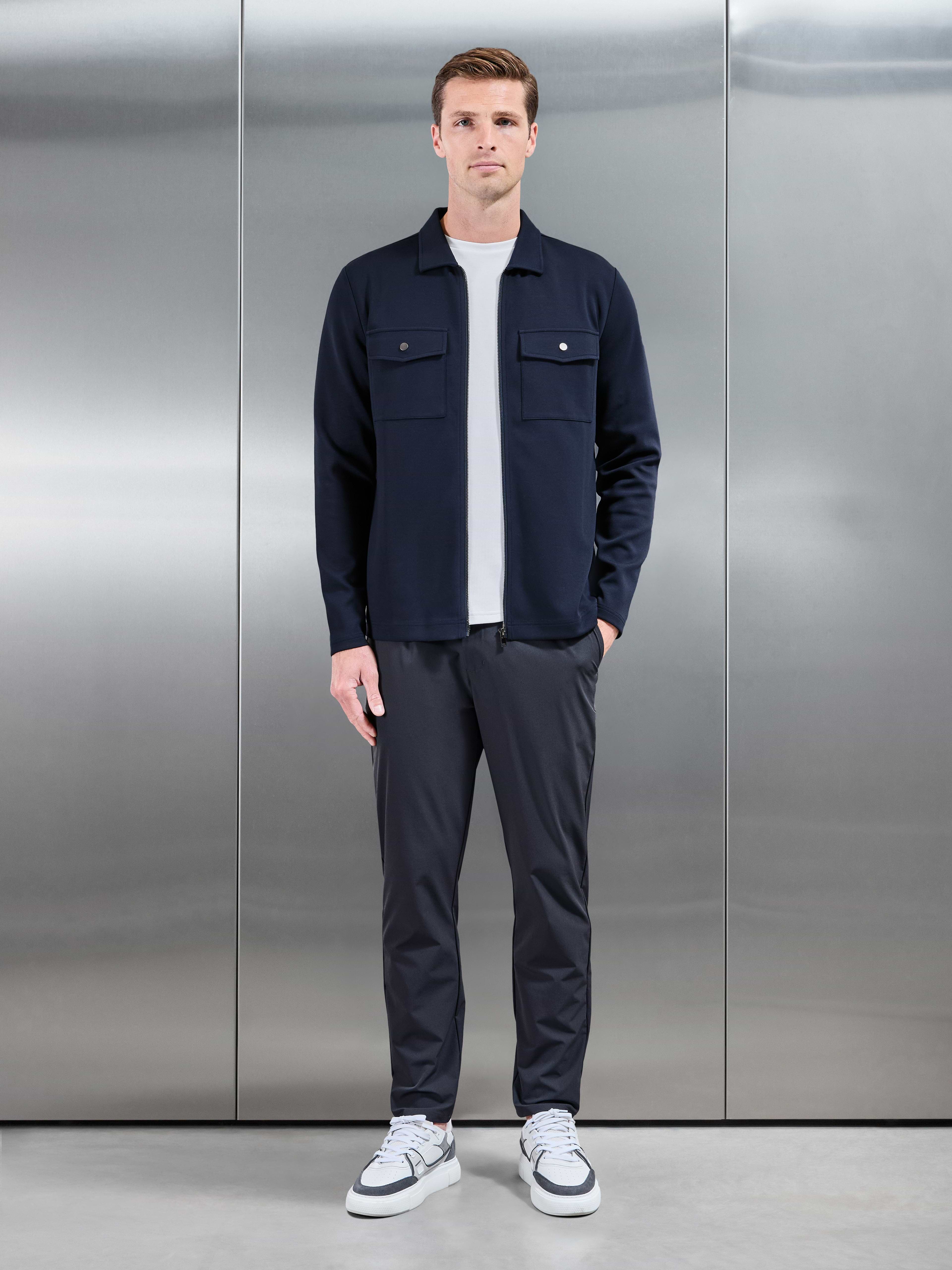 Interlock Jersey Pocket Zip Through Overshirt in Navy