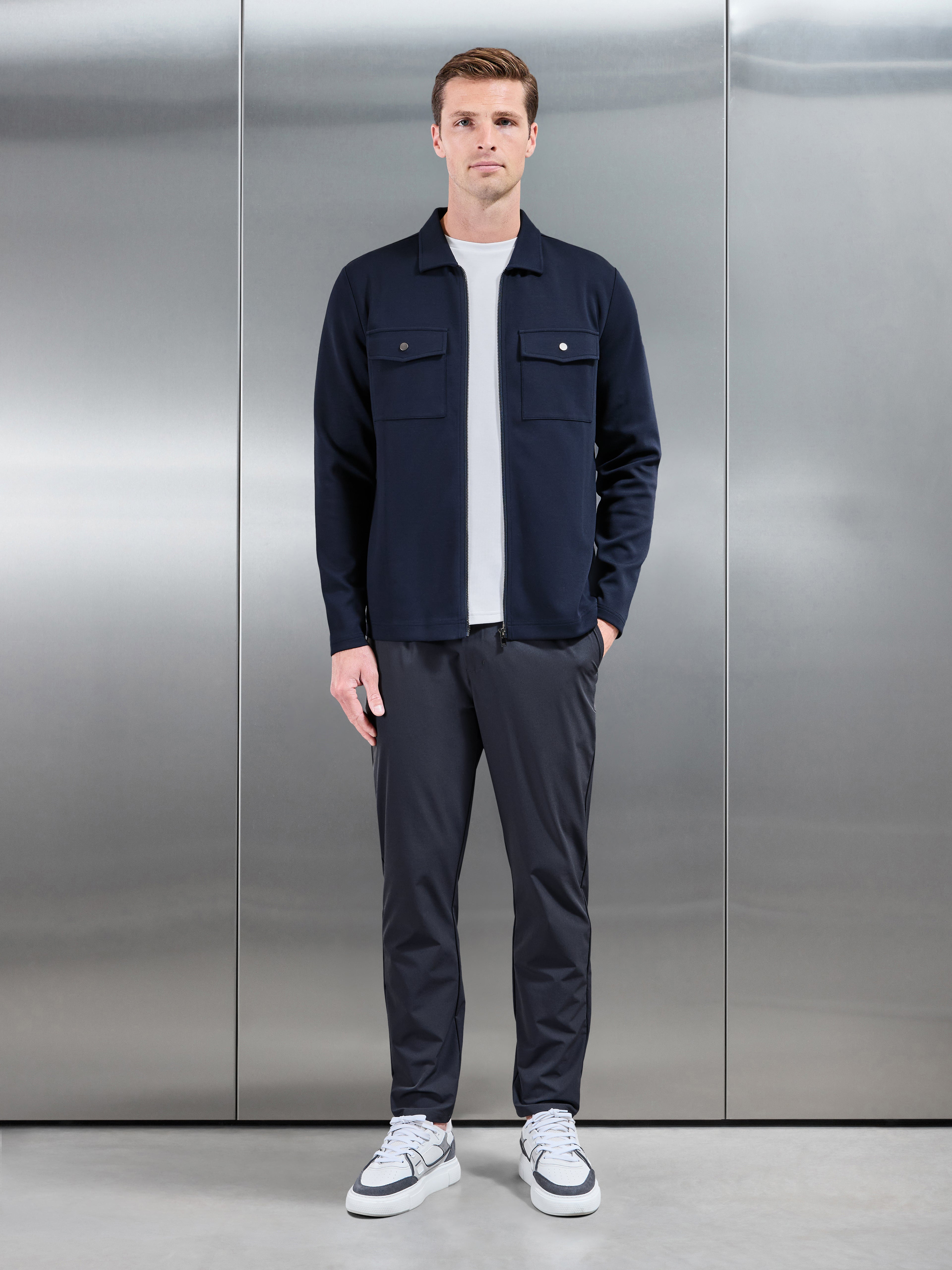 Interlock Jersey Pocket Zip Through Overshirt in Navy