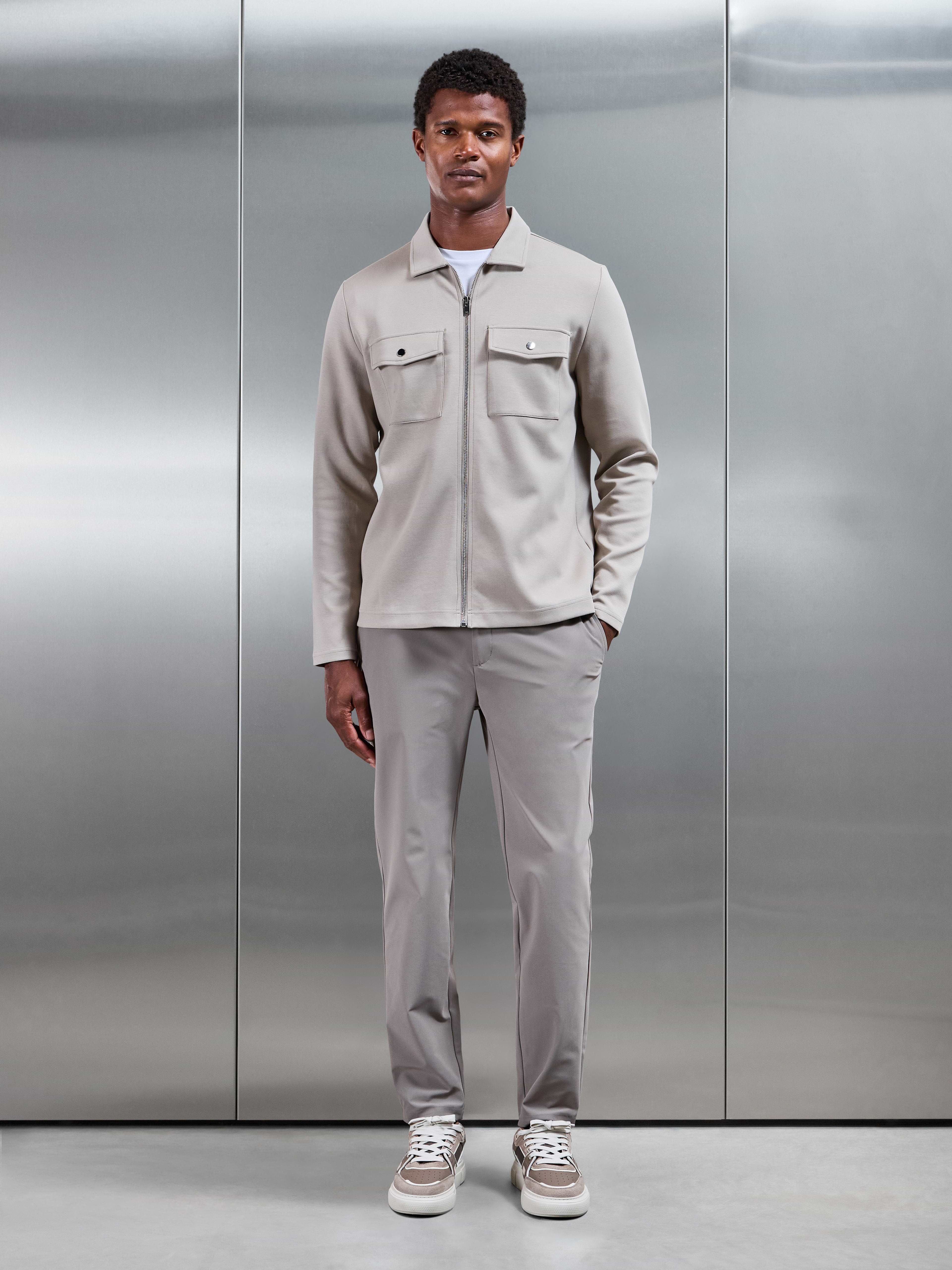 Interlock Jersey Pocket Zip Through Overshirt in Stone