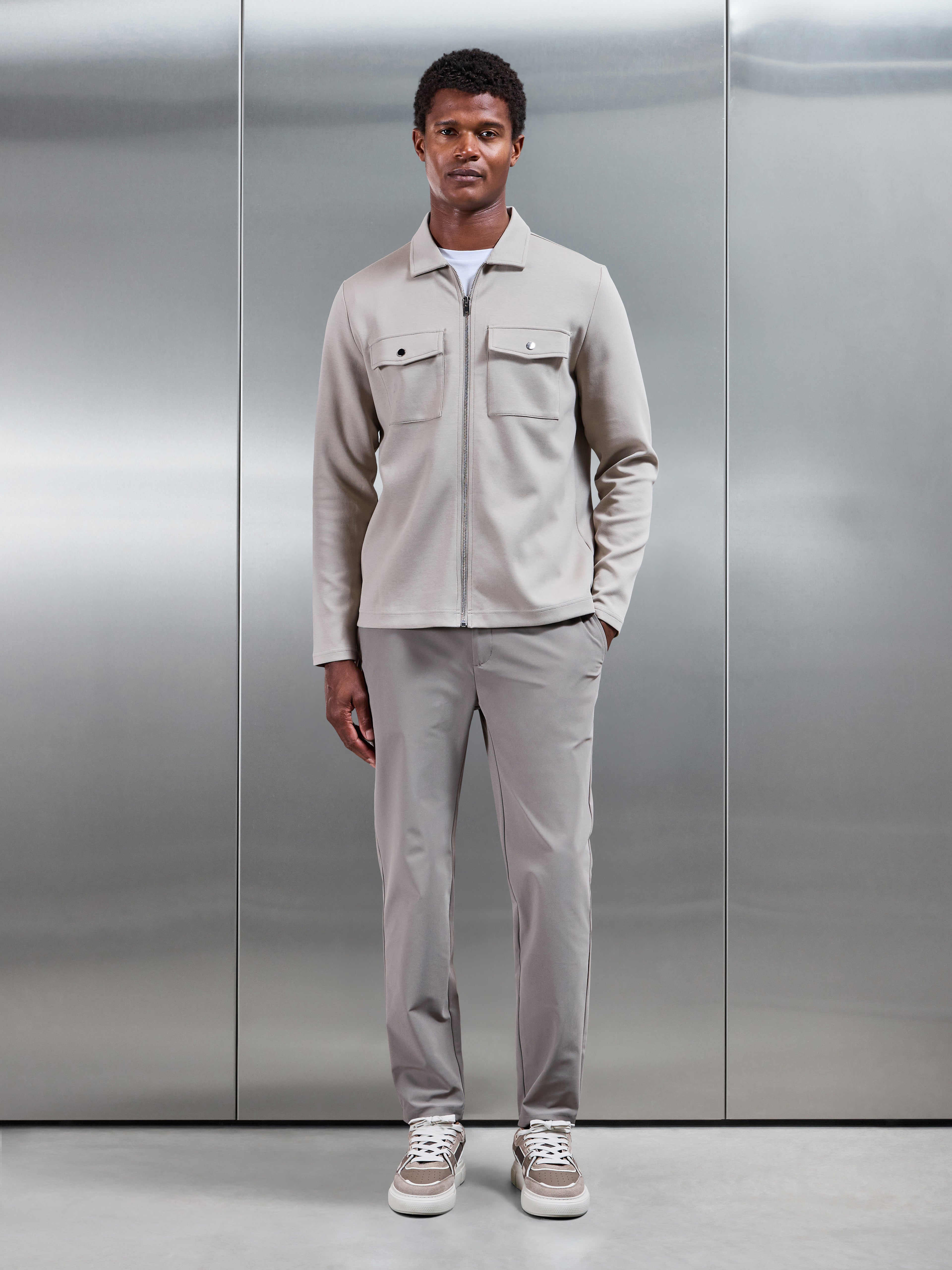 Interlock Jersey Pocket Zip Through Overshirt in Stone
