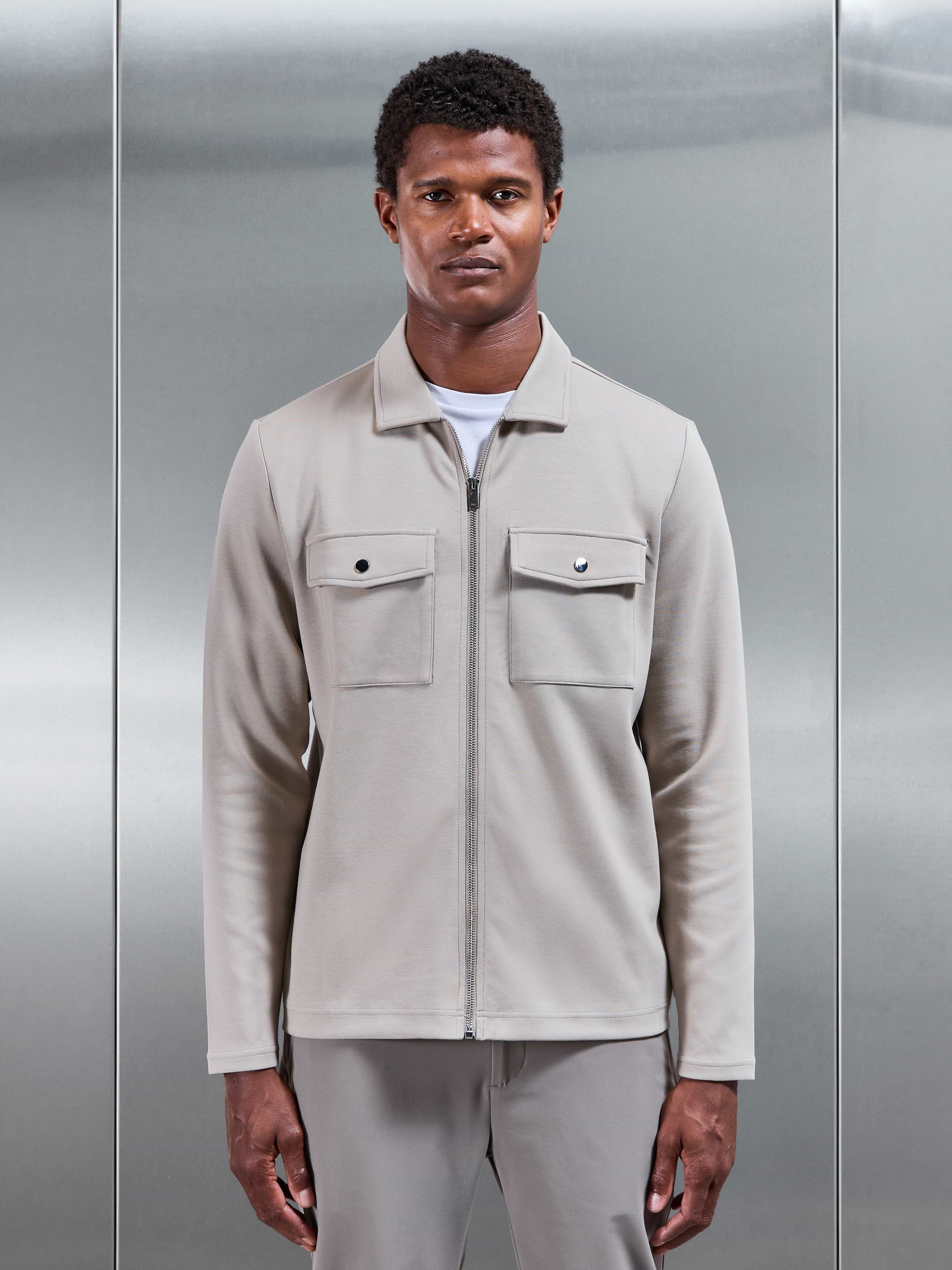 Interlock Jersey Pocket Zip Through Overshirt in Stone