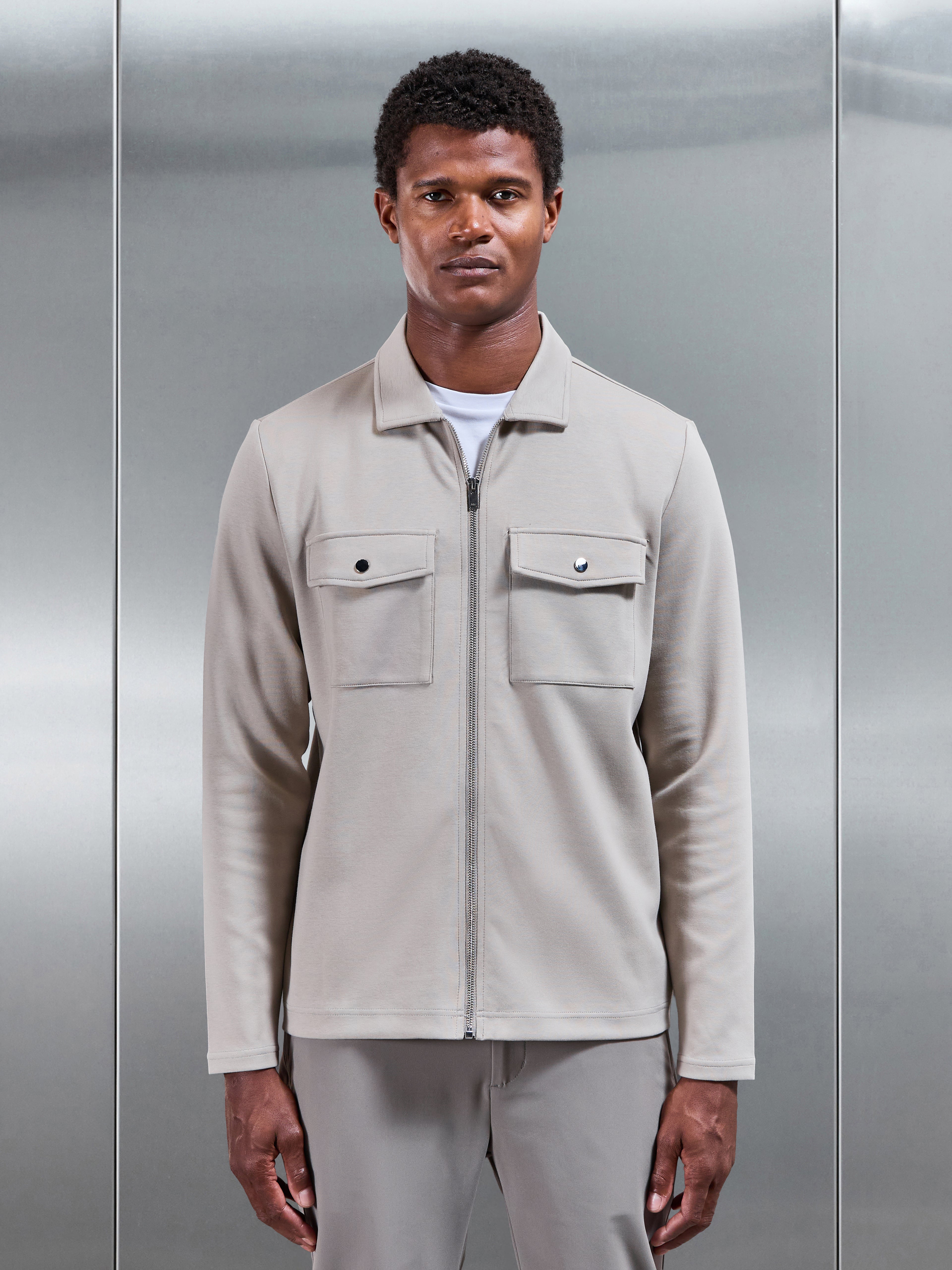 Interlock Jersey Pocket Zip Through Overshirt in Stone