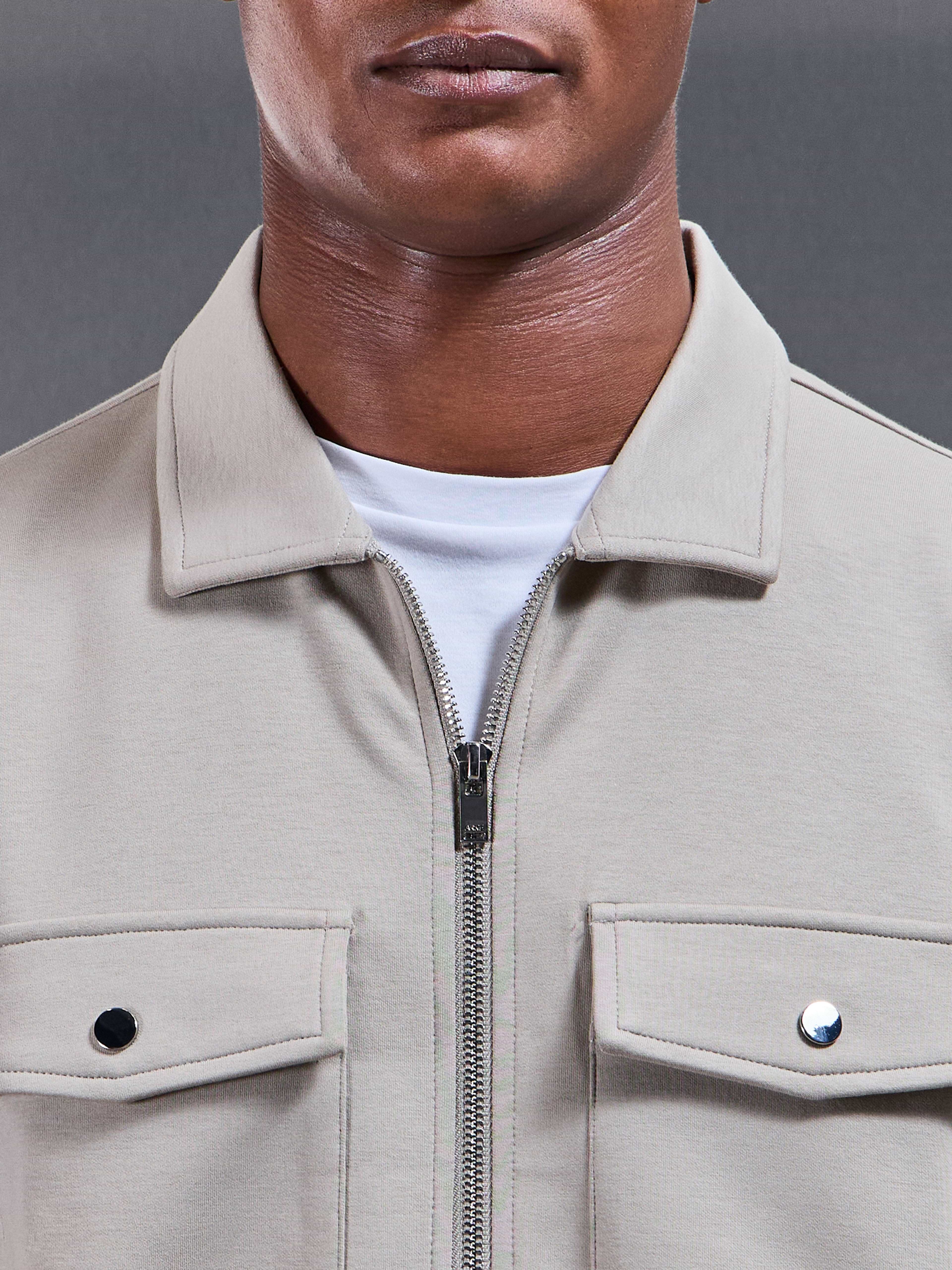Interlock Jersey Pocket Zip Through Overshirt in Stone
