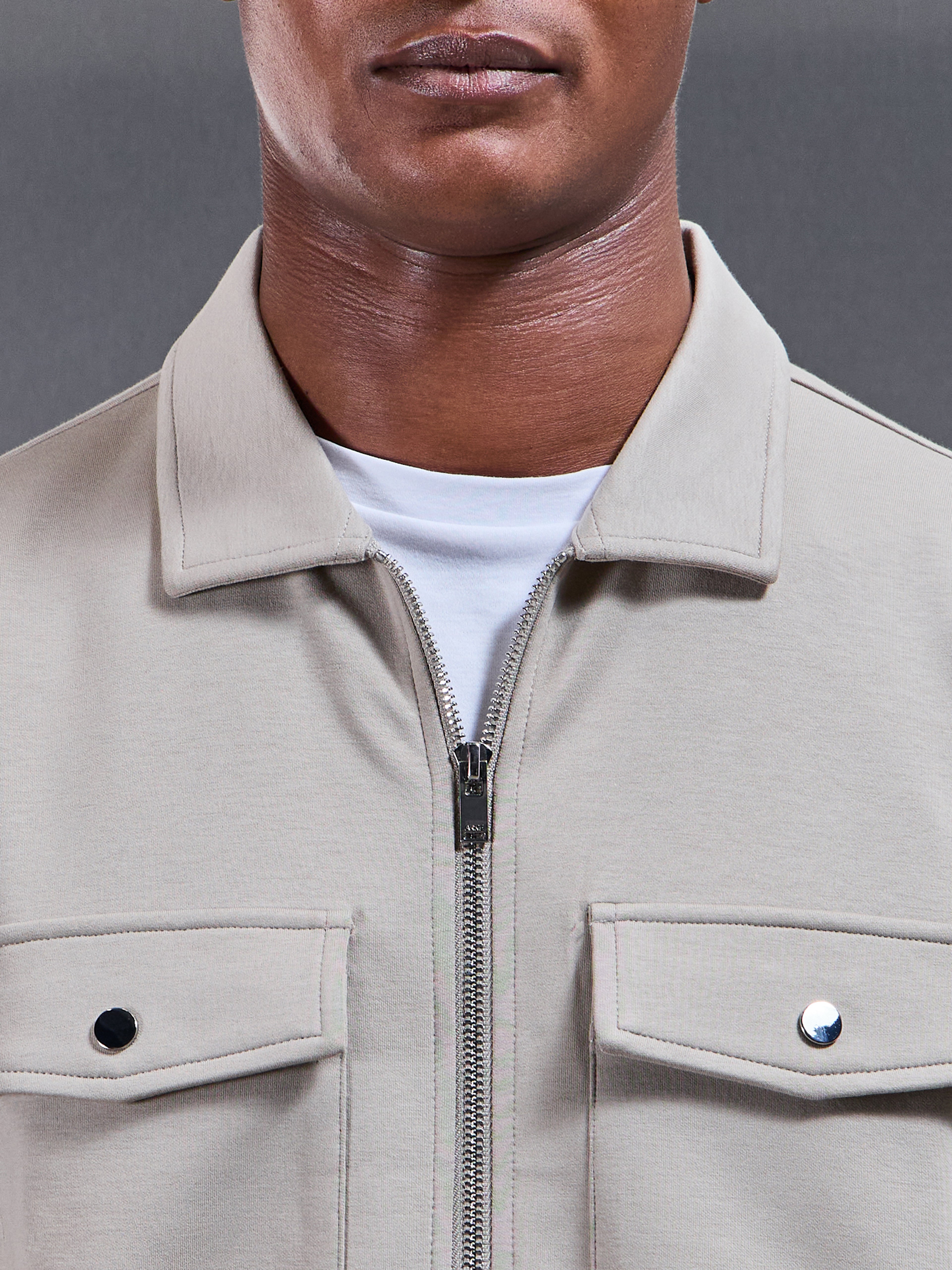 Interlock Jersey Pocket Zip Through Overshirt in Stone