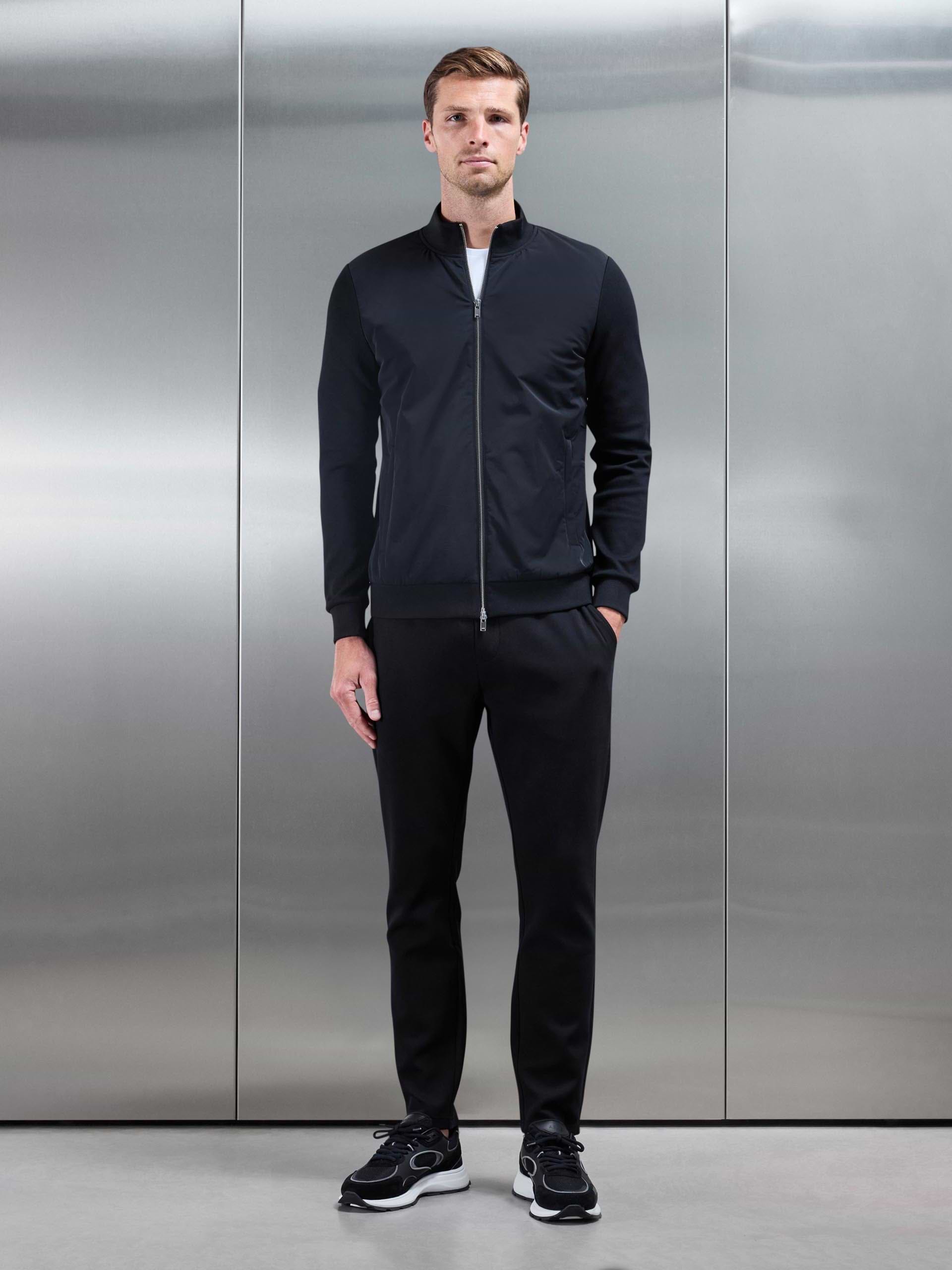 Interlock Jersey Hybrid Funnel Neck Jacket in Black